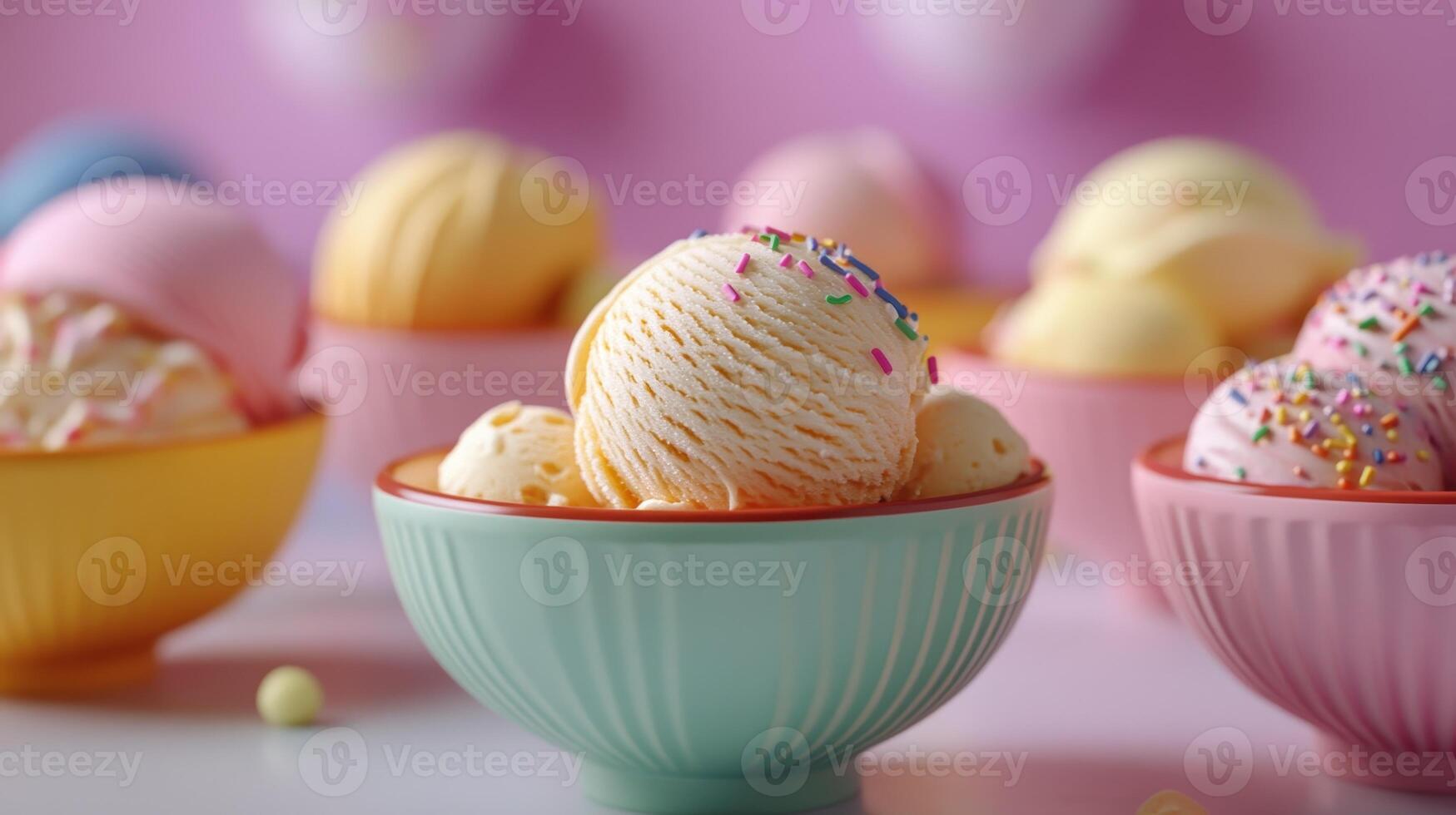 Colorful Scoops of Ice Cream With Sprinkles in Bright Bowls at a Cheerful Dessert Table photo