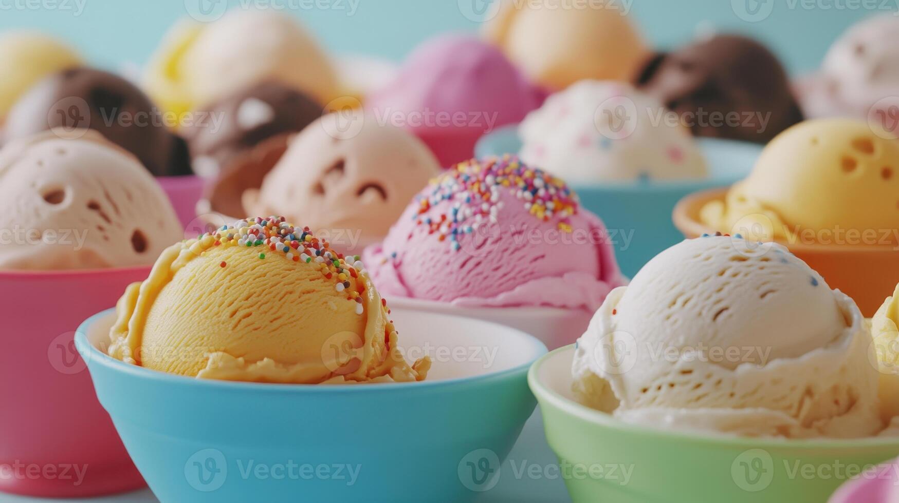 Colorful Ice Cream Bowls Displaying Various Flavors and Toppings at a Summer Dessert Party photo