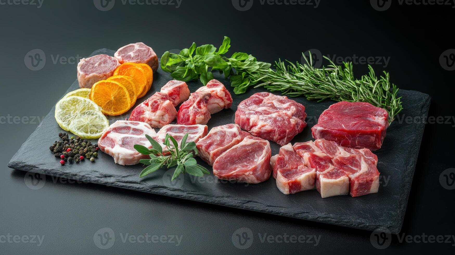 Fresh Cuts of Meat Displayed on Slate Board With Herbs and Citrus in Culinary Setting photo