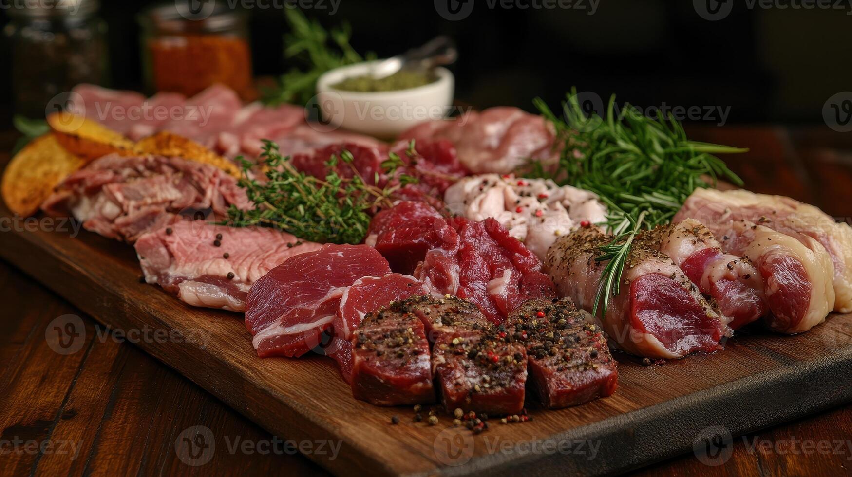 Variety of Fresh Meats Displayed on Rustic Wooden Platter With Herbs and Sauces in Cozy Restaurant Setting photo