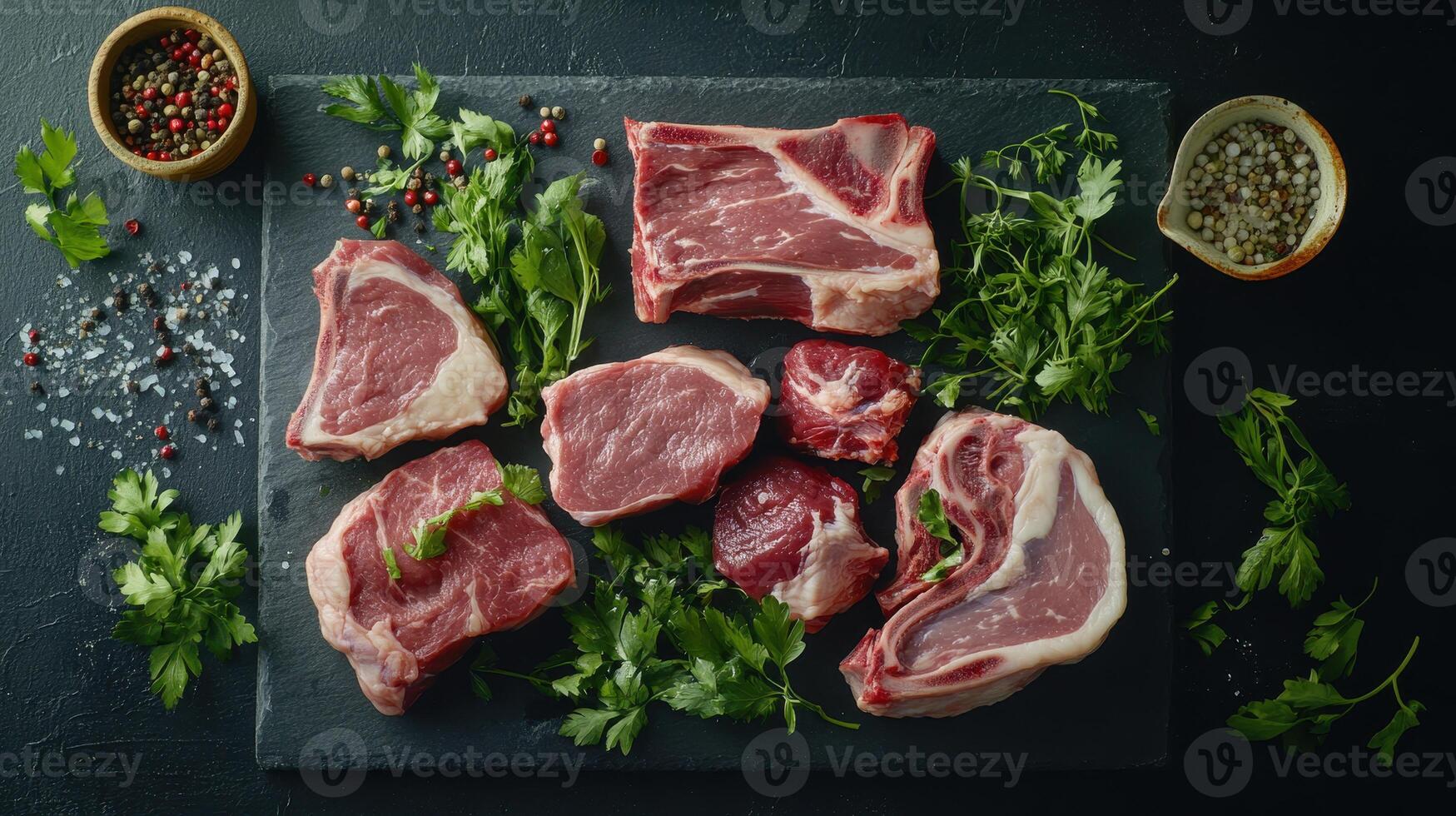 Various Cuts of Fresh Raw Meat Arranged on a Slate Board Surrounded by Herbs and Spices in a Kitchen Setting photo
