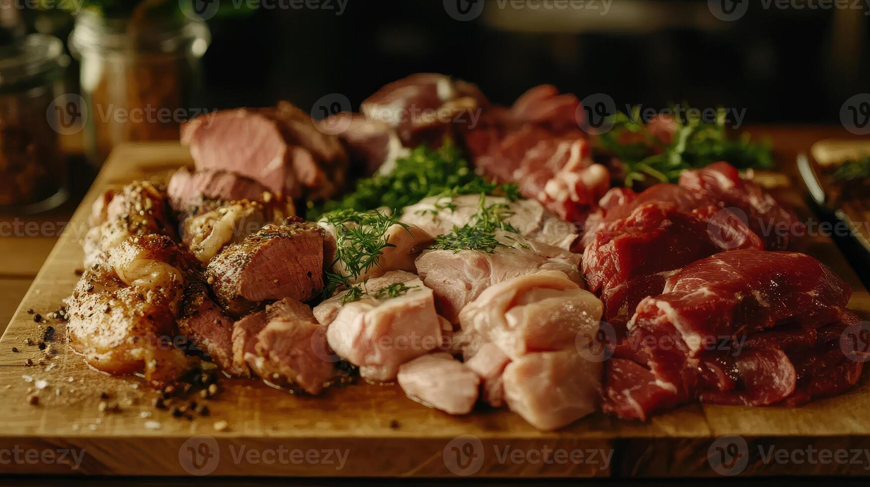 A Variety of Freshly Prepared Meats Displayed on a Wooden Cutting Board in a Rustic Kitchen Setting photo