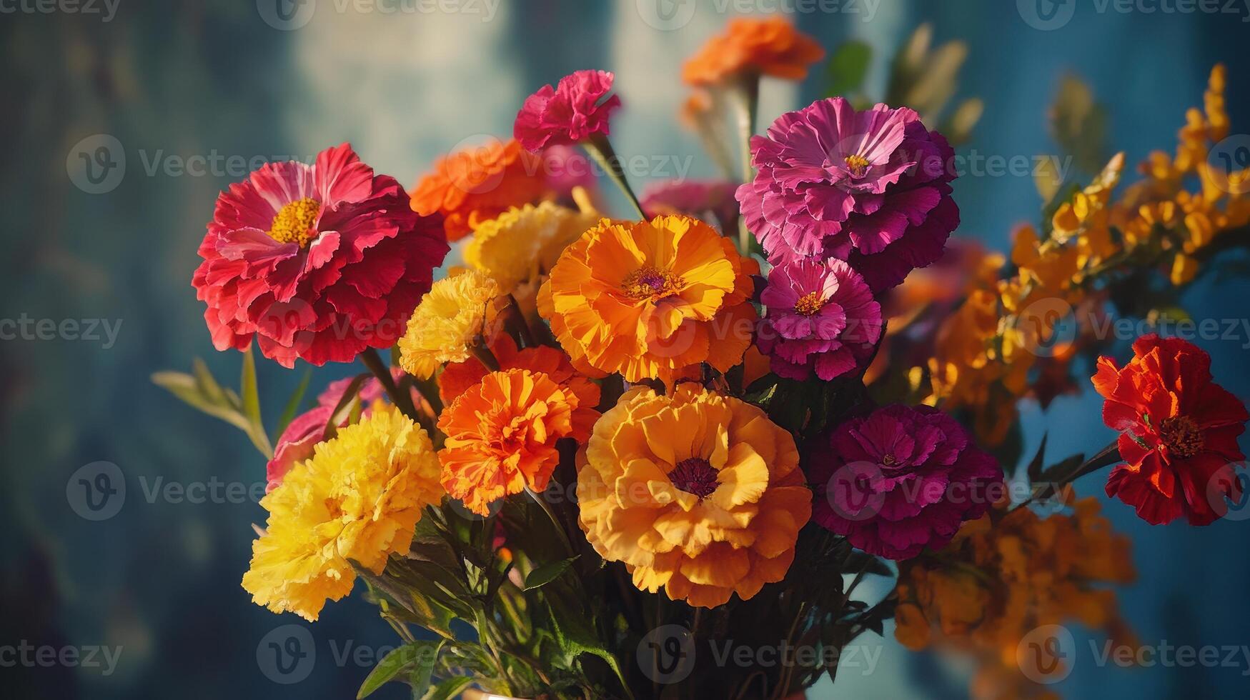 Vibrant Bouquet of Mixed Flowers Displayed Against a Colorful Background in a Bright Indoor Setting photo