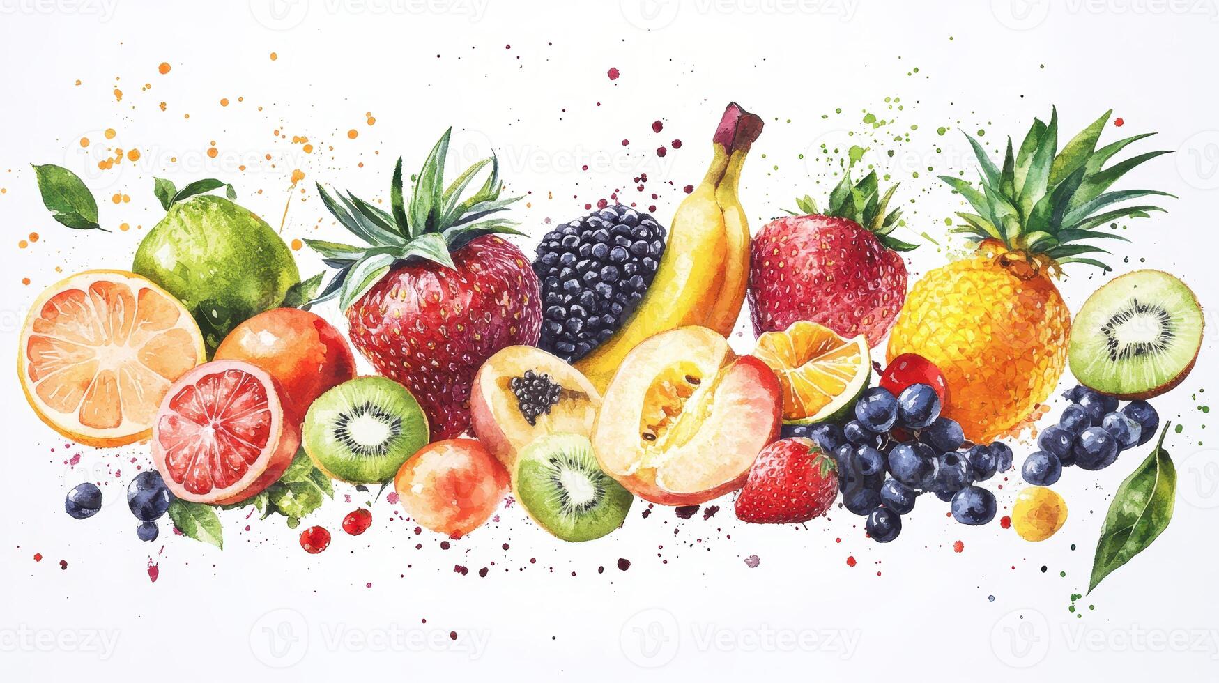 Vibrant Display of Fresh Fruits Including Berries, Citrus, and Tropical Varieties on White Background photo