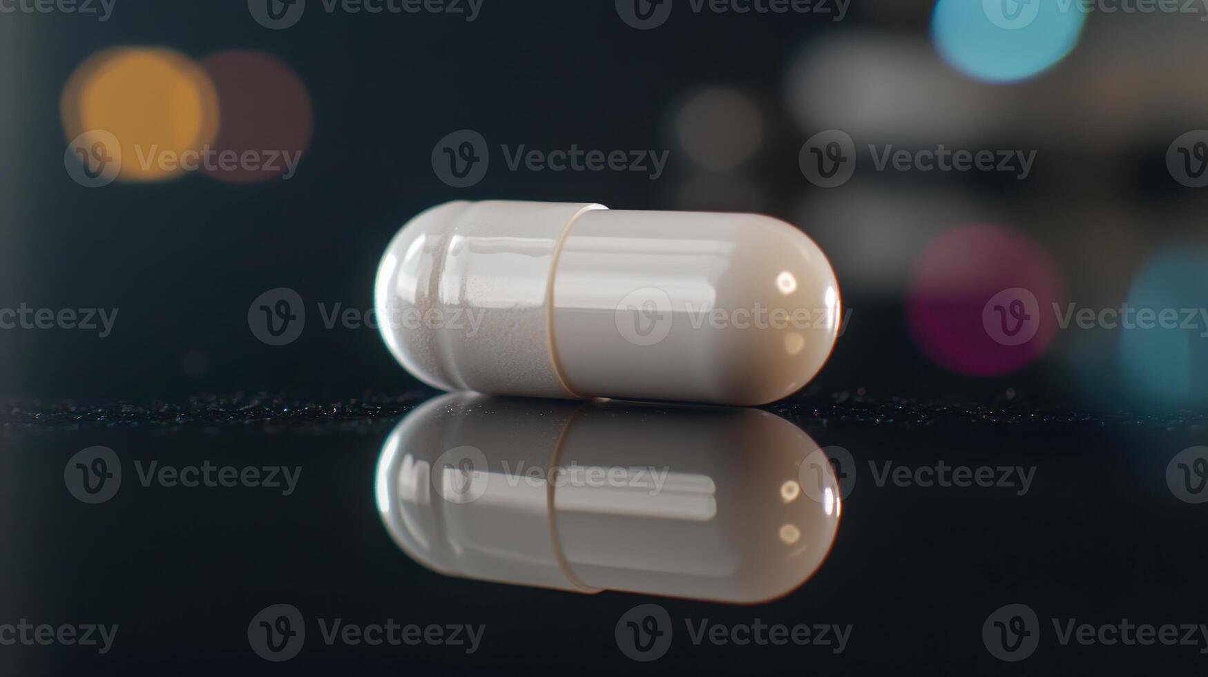A Close-Up View of a White Capsule on a Reflective Surface With Soft Colorful Lights in the Background photo
