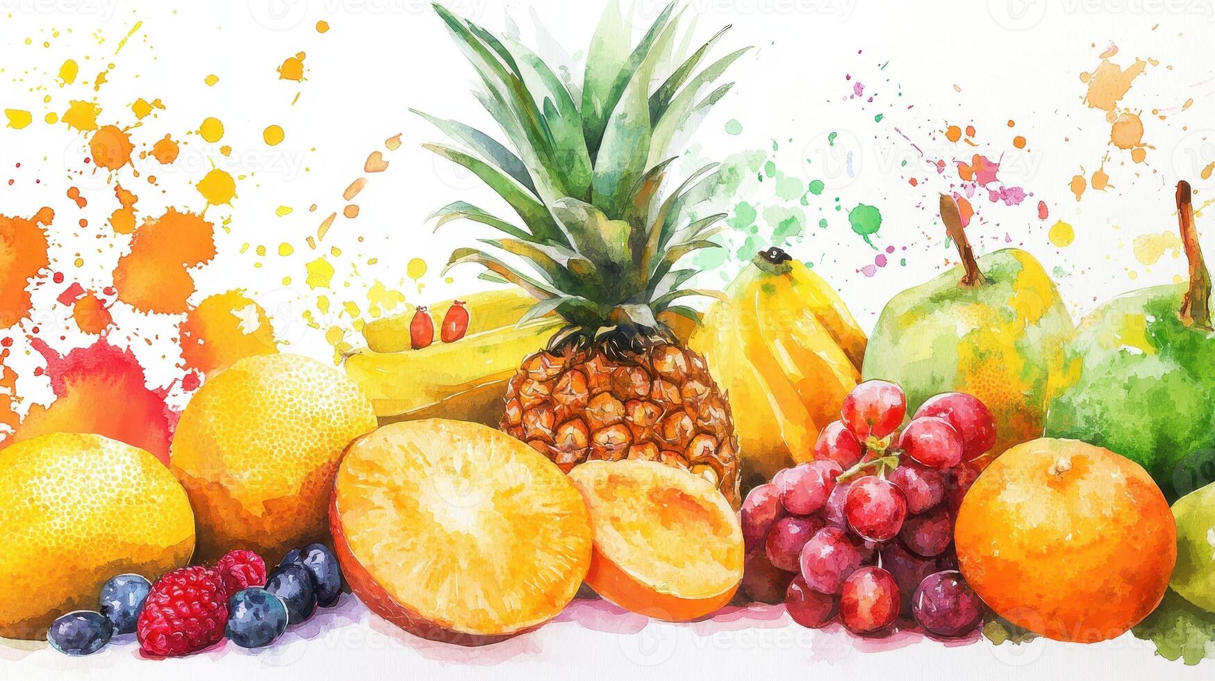Vibrant Assortment of Fresh Fruits on Display With Colorful Splashes in Artistic Setting photo