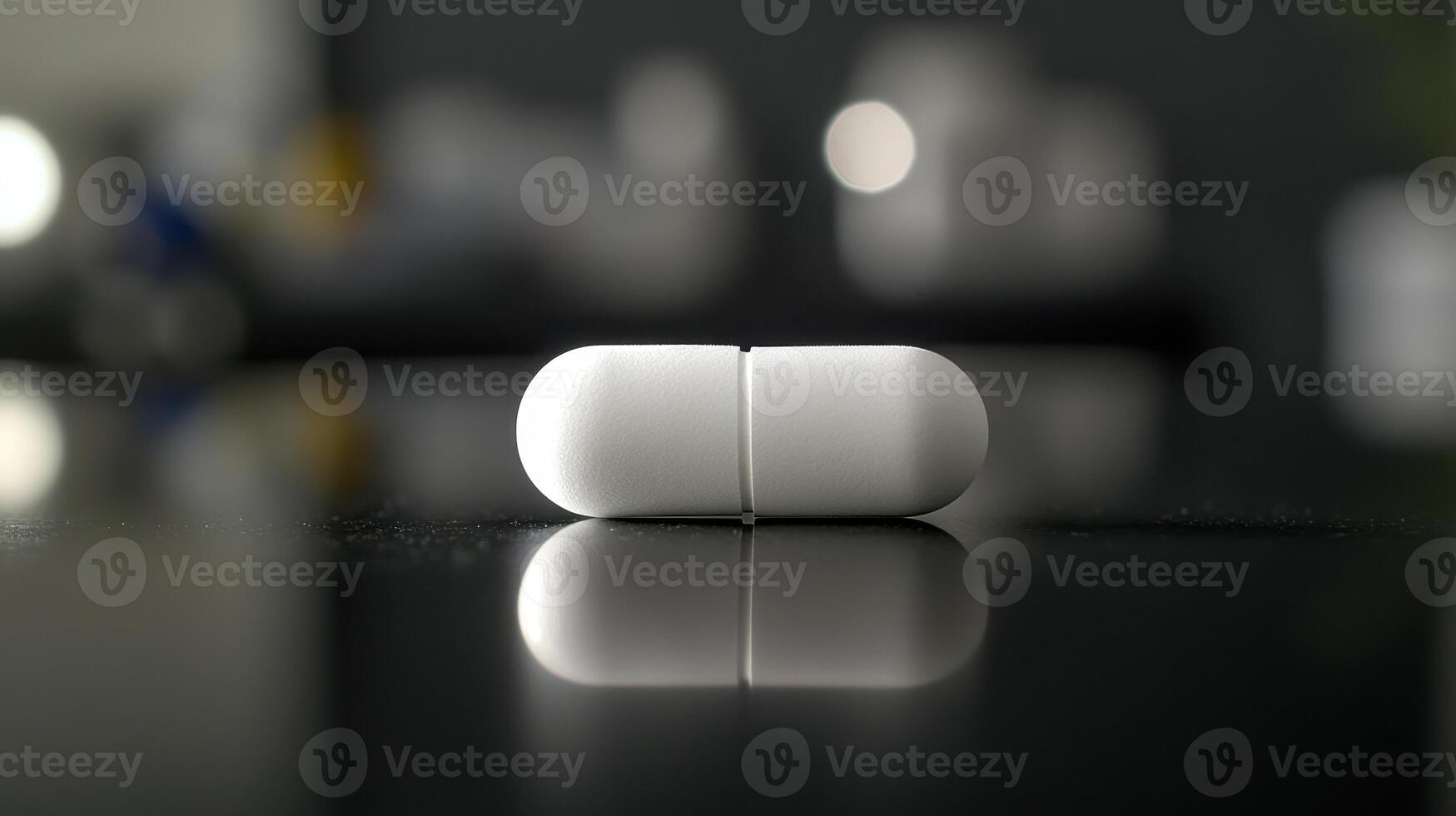 Close-Up Of Two White Capsules On A Reflective Black Surface In A Studio Setting With Blurred Backgrounds photo