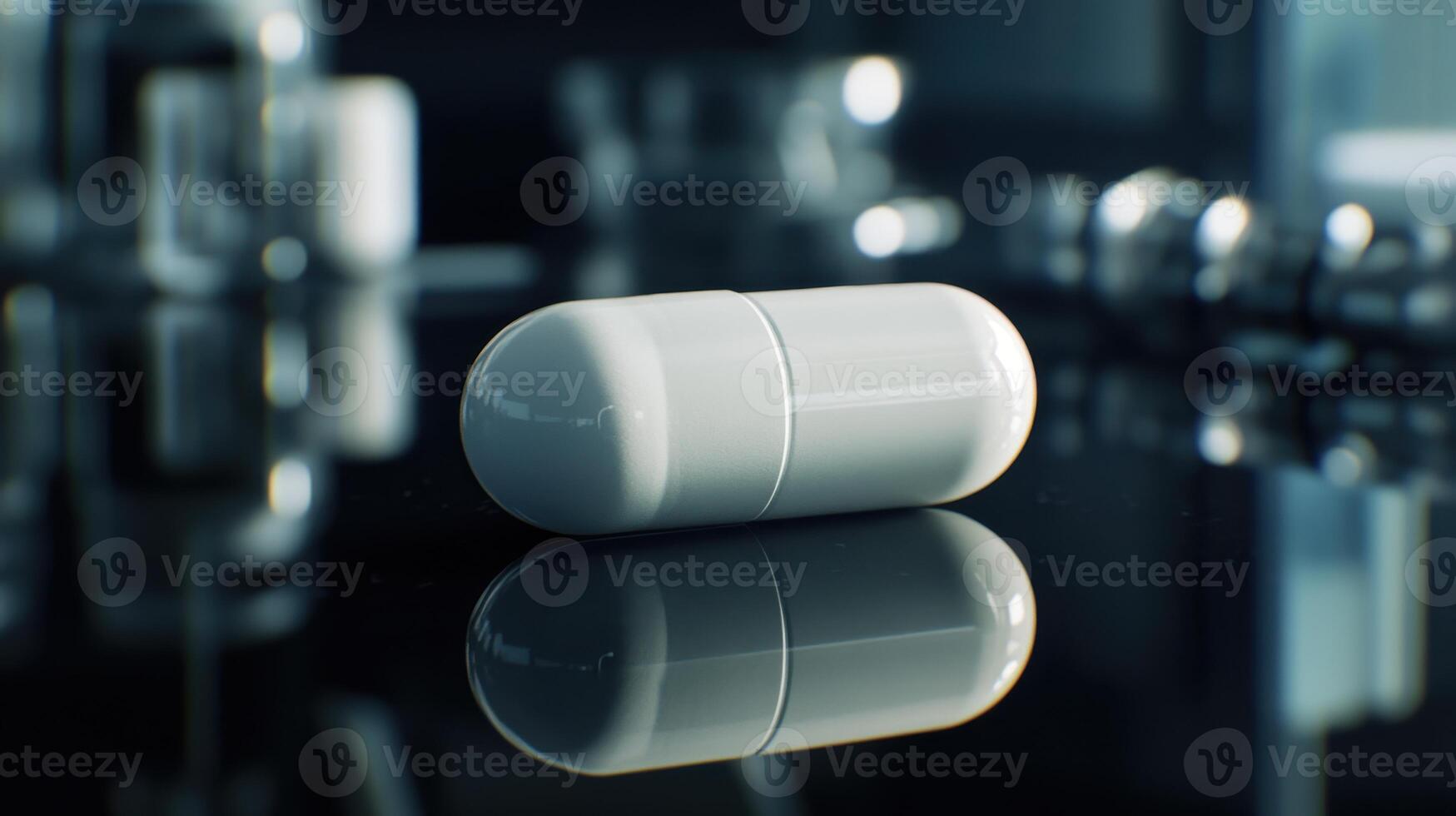 White Capsule Resting on a Reflective Surface in a Modern Laboratory During a Quiet Moment photo