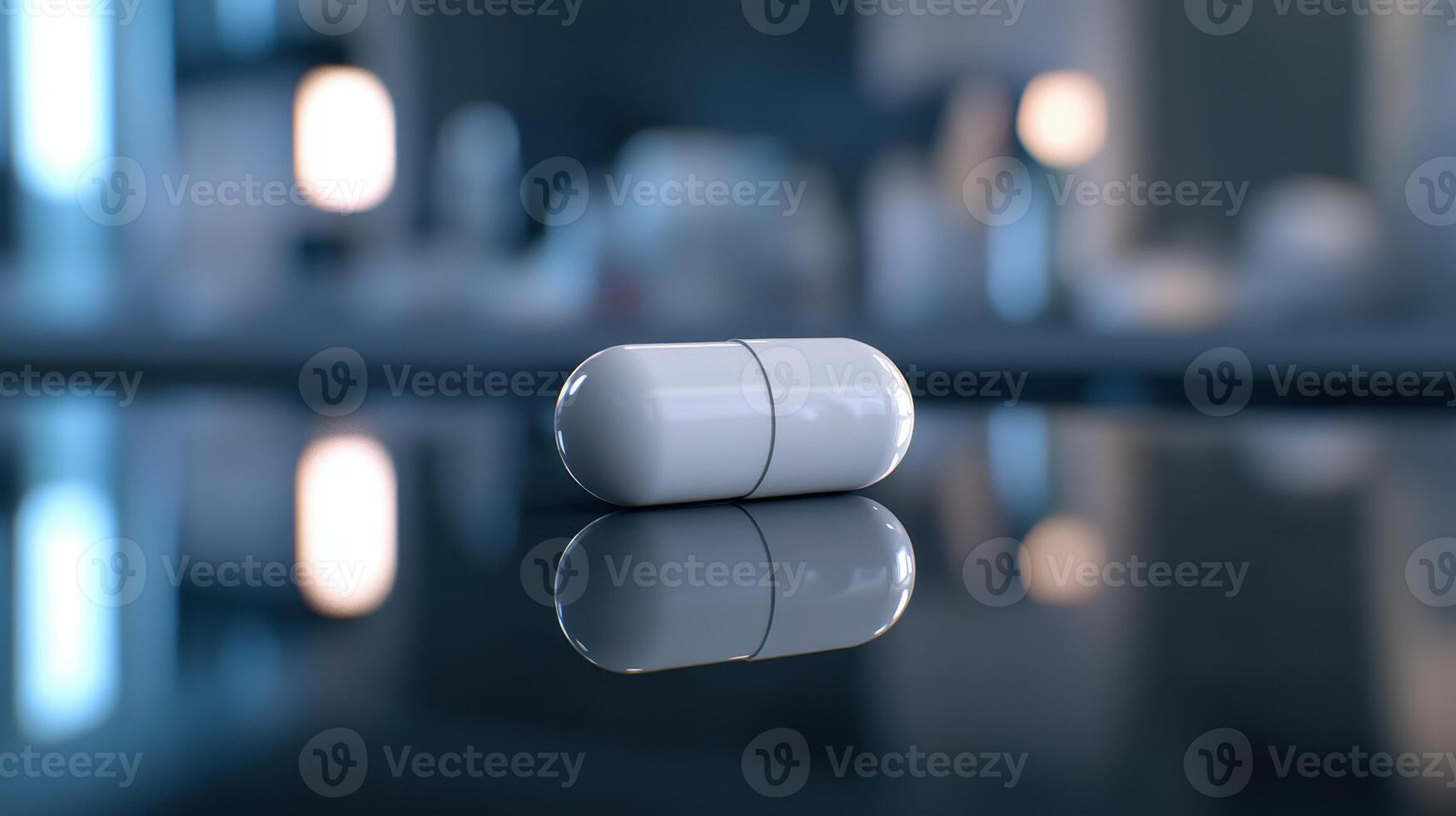 White Capsule on Glossy Surface With Soft Light Reflection in Modern Interior Setting photo