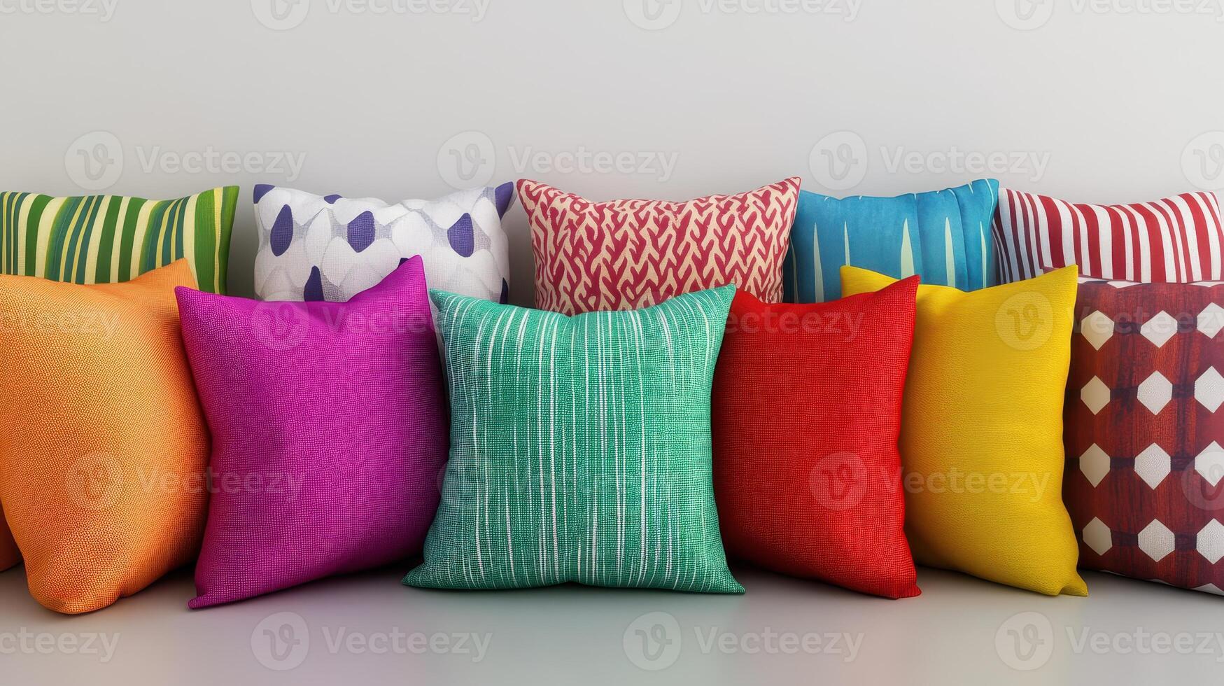 Colorful Decorative Cushions Arranged Neatly on a Sofa in a Bright Living Room Setting photo
