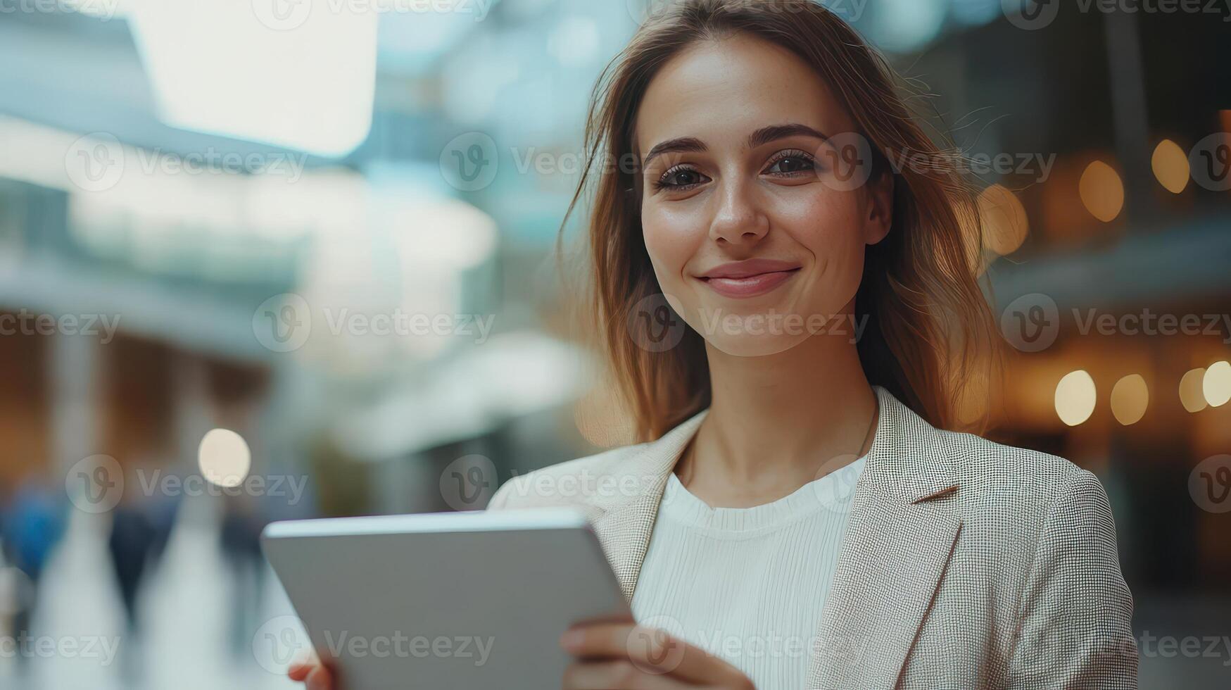 Young Woman Smiling While Holding Tablet Outside Modern Building in City photo