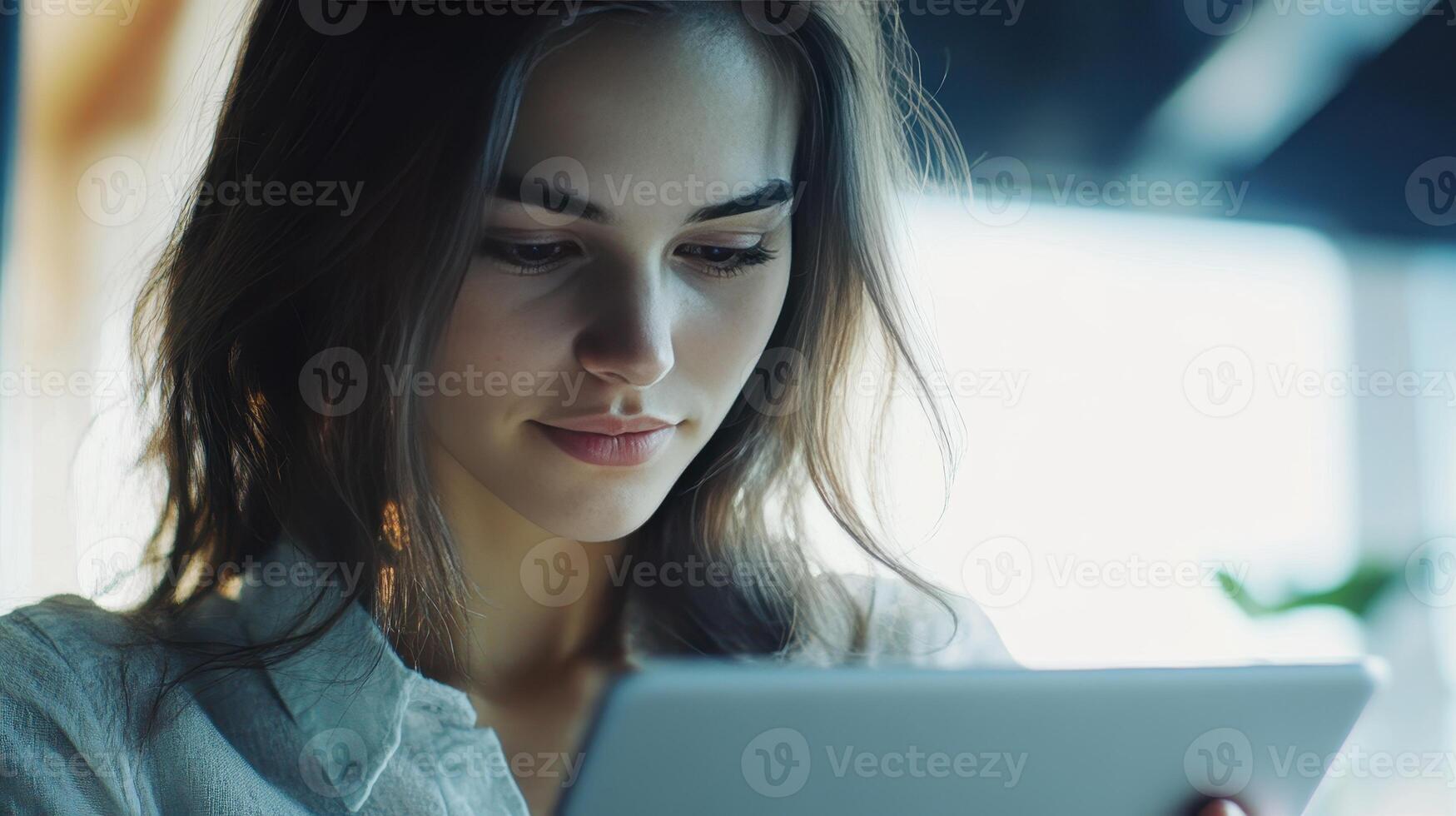 Young Woman Engaged in Reading on Tablet While Sitting Indoors in Bright Natural Light photo