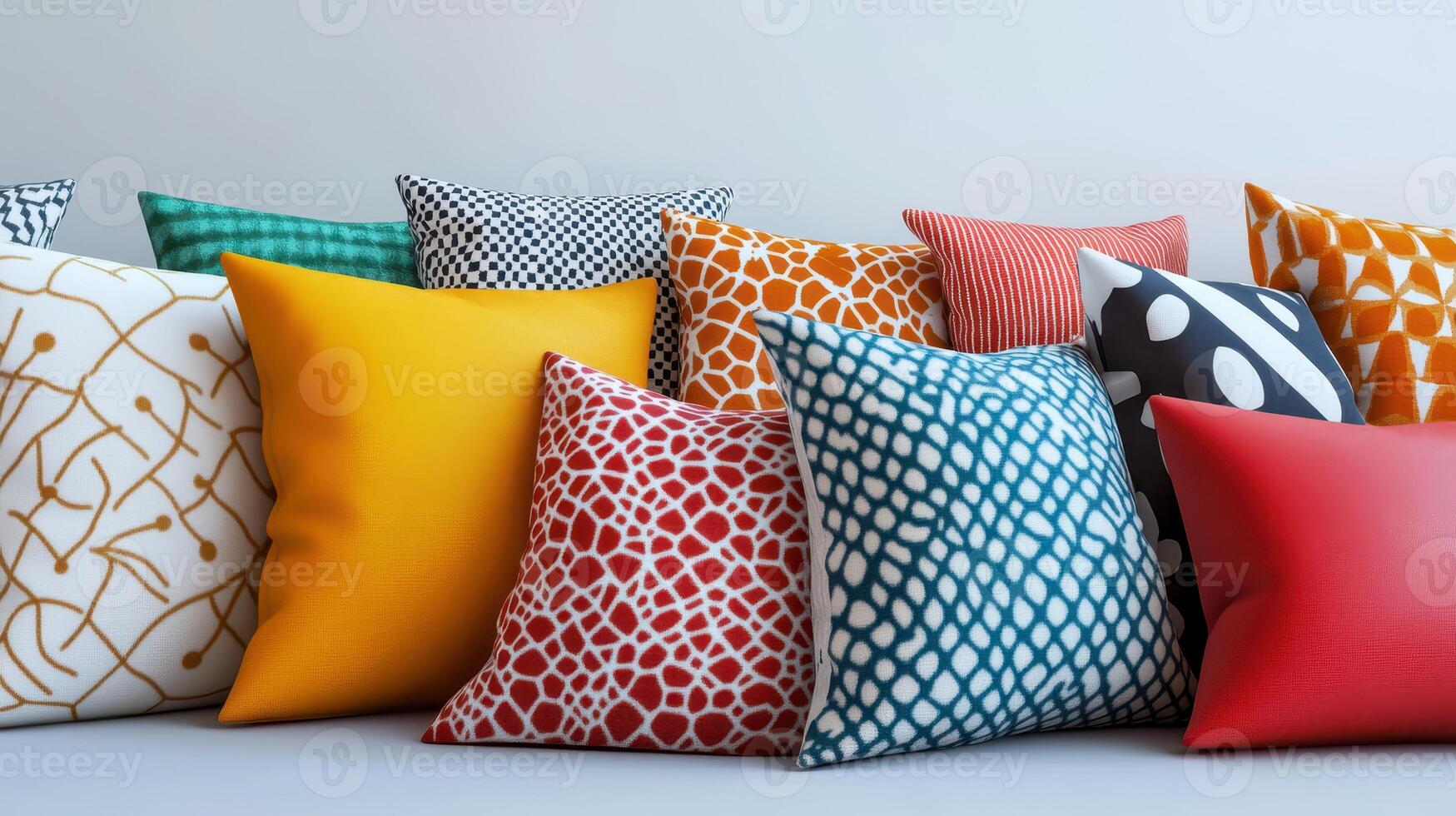 Colorful Decorative Pillows Arranged Neatly on a Modern Couch in a Bright Living Room photo