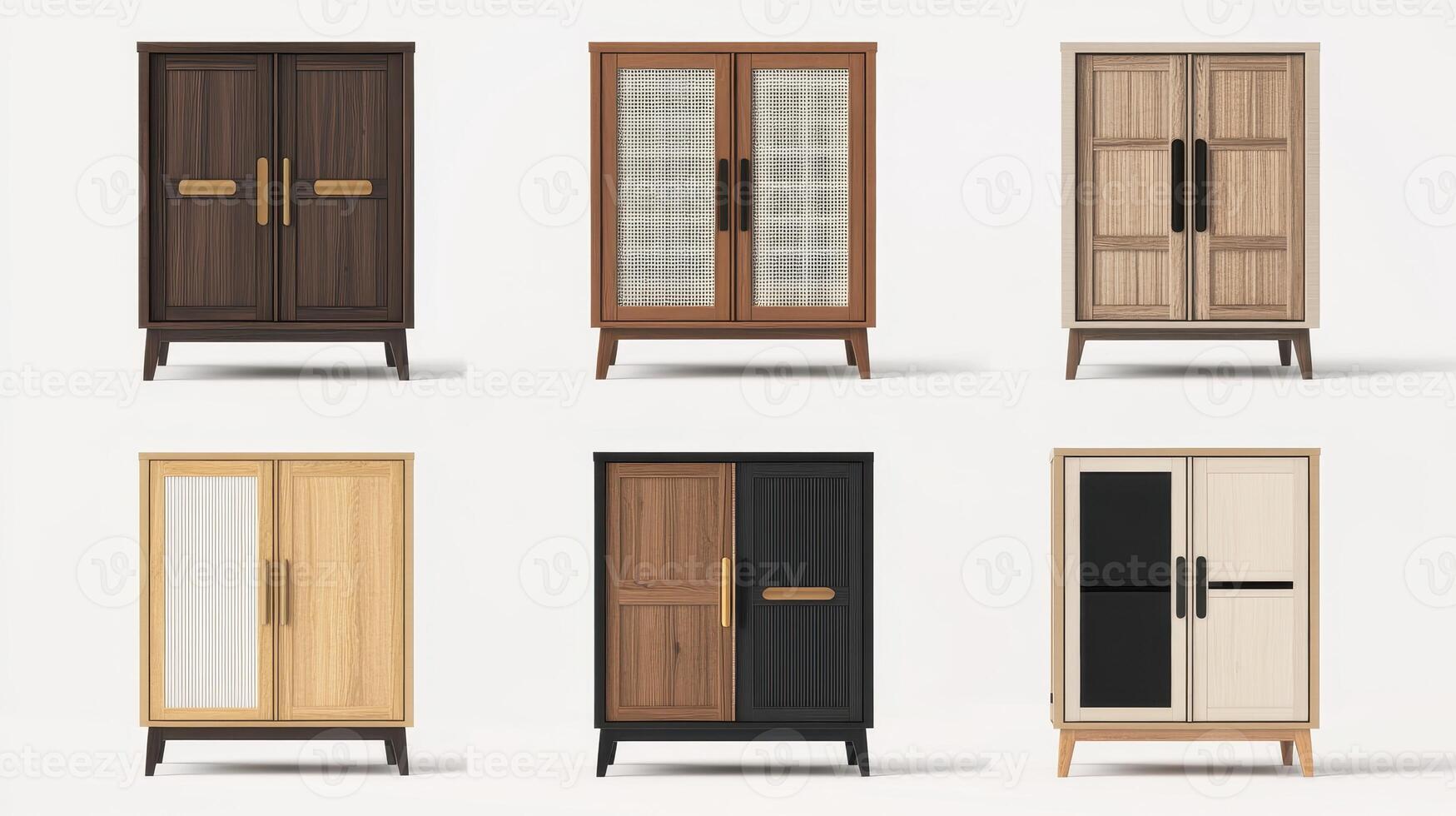 Elegant Modern Cabinet Collection Displaying Various Styles, Colors, and Textures in a Minimalist Arrangement photo
