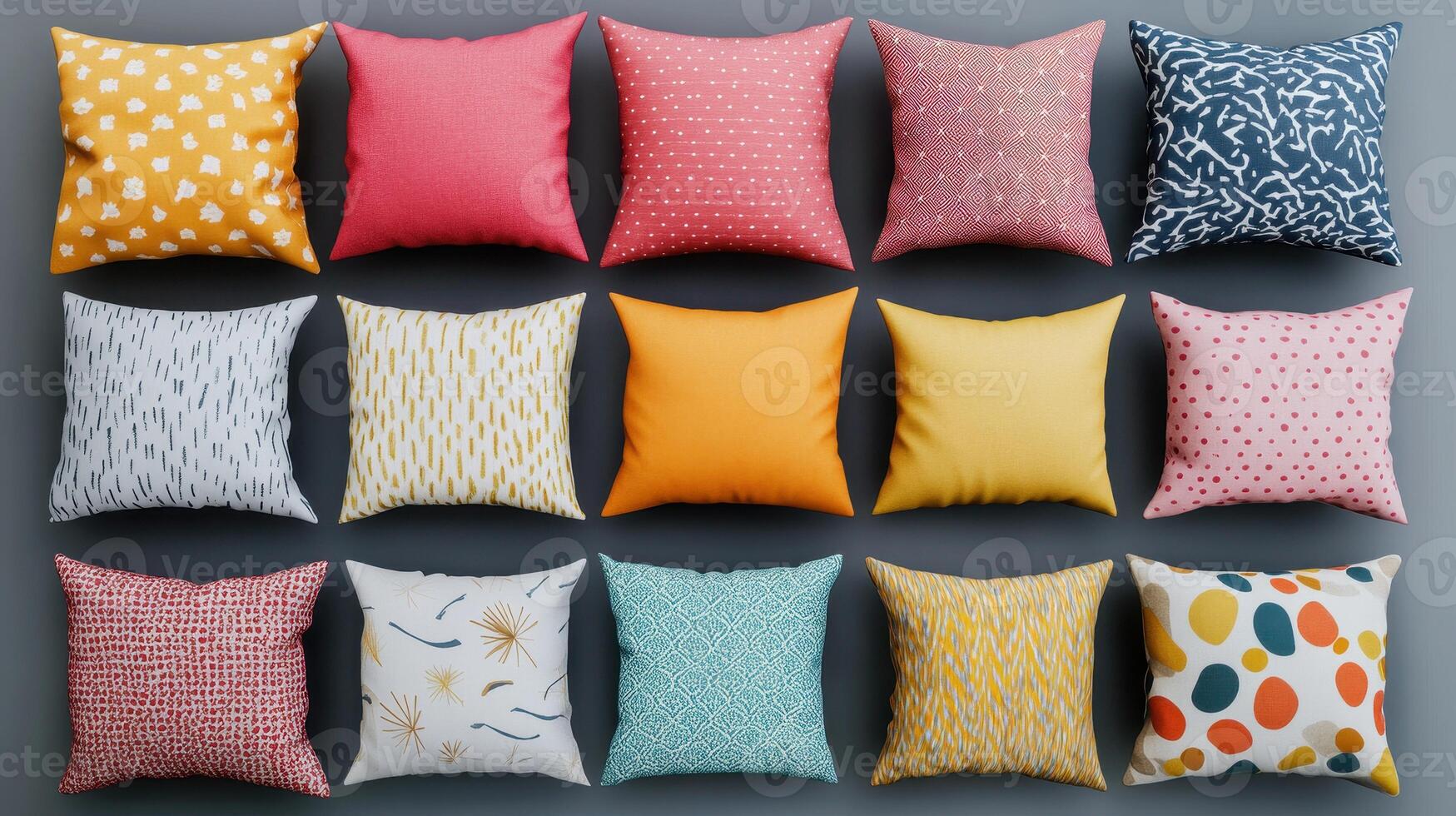 Collection of Decorative Cushions With Various Patterns in Bright Colors Arranged on a Soft Surface photo