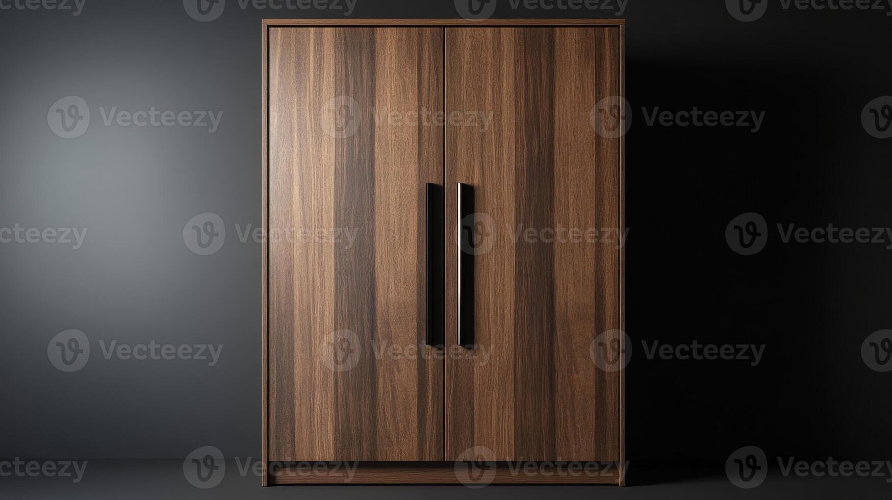 Elegant Wooden Wardrobe With Black Handles Displayed Against a Dark Background photo