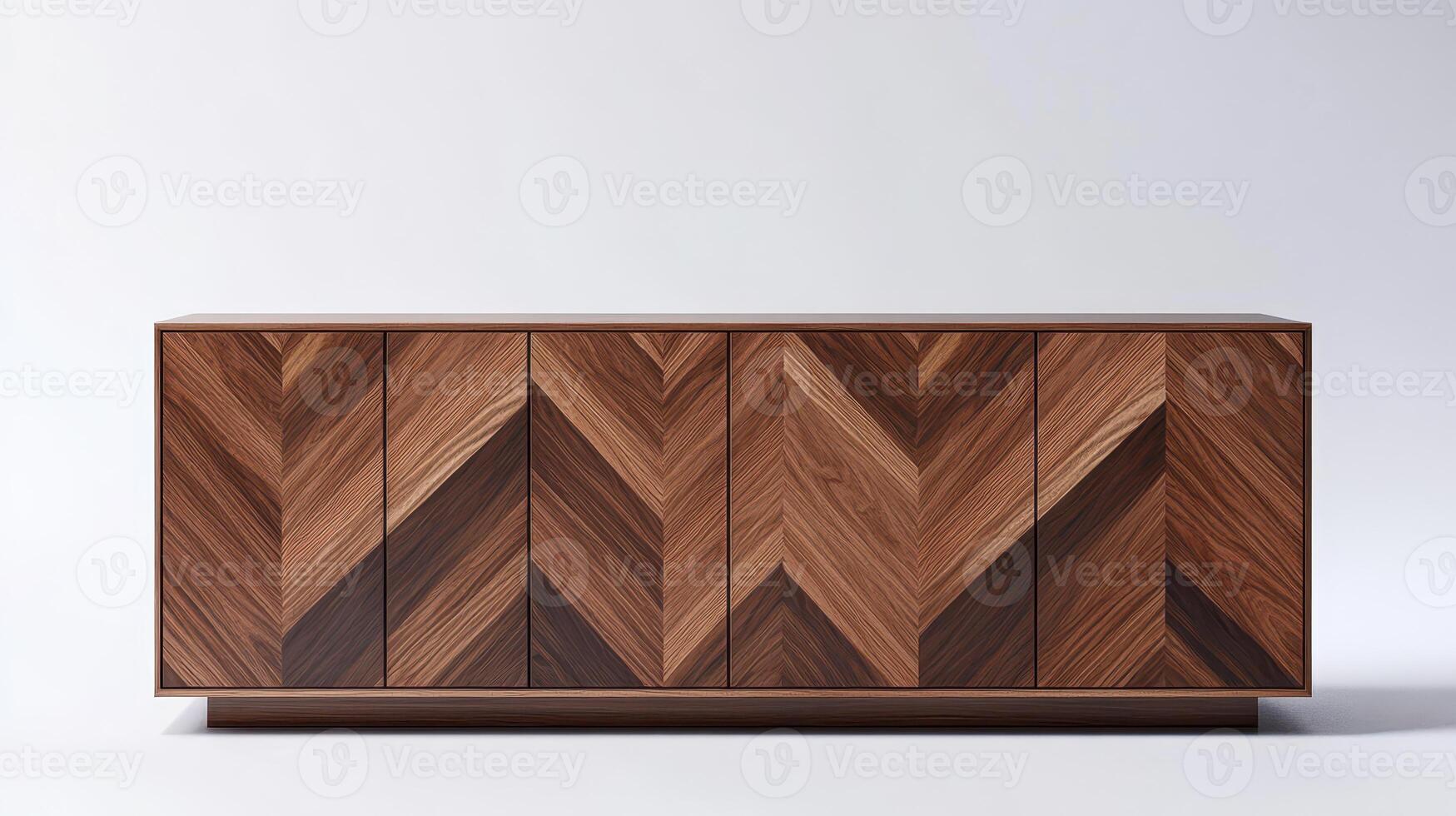 Elegant Wooden Cabinet With Chevron Pattern Displayed in Minimalist Studio Environment photo