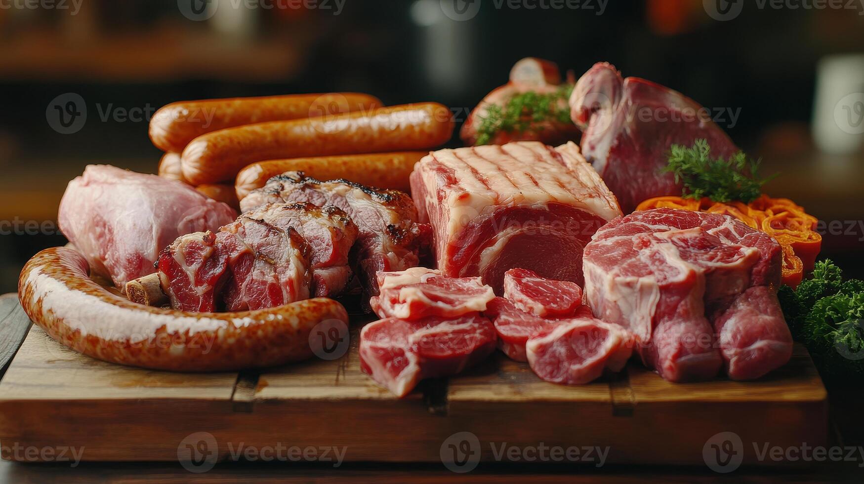 Various Cuts of Fresh Meat Arranged on a Wooden Platter for a Barbecue Preparation photo