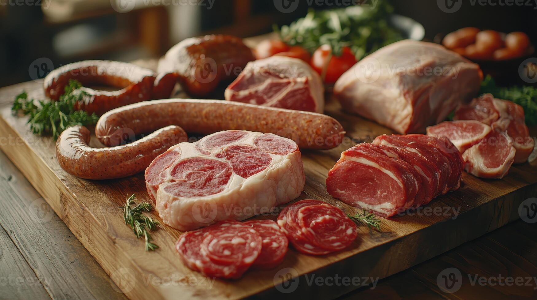 Assorted Cuts of Meat Prepared for Cooking on Wooden Cutting Board With Fresh Vegetables and Herbs photo
