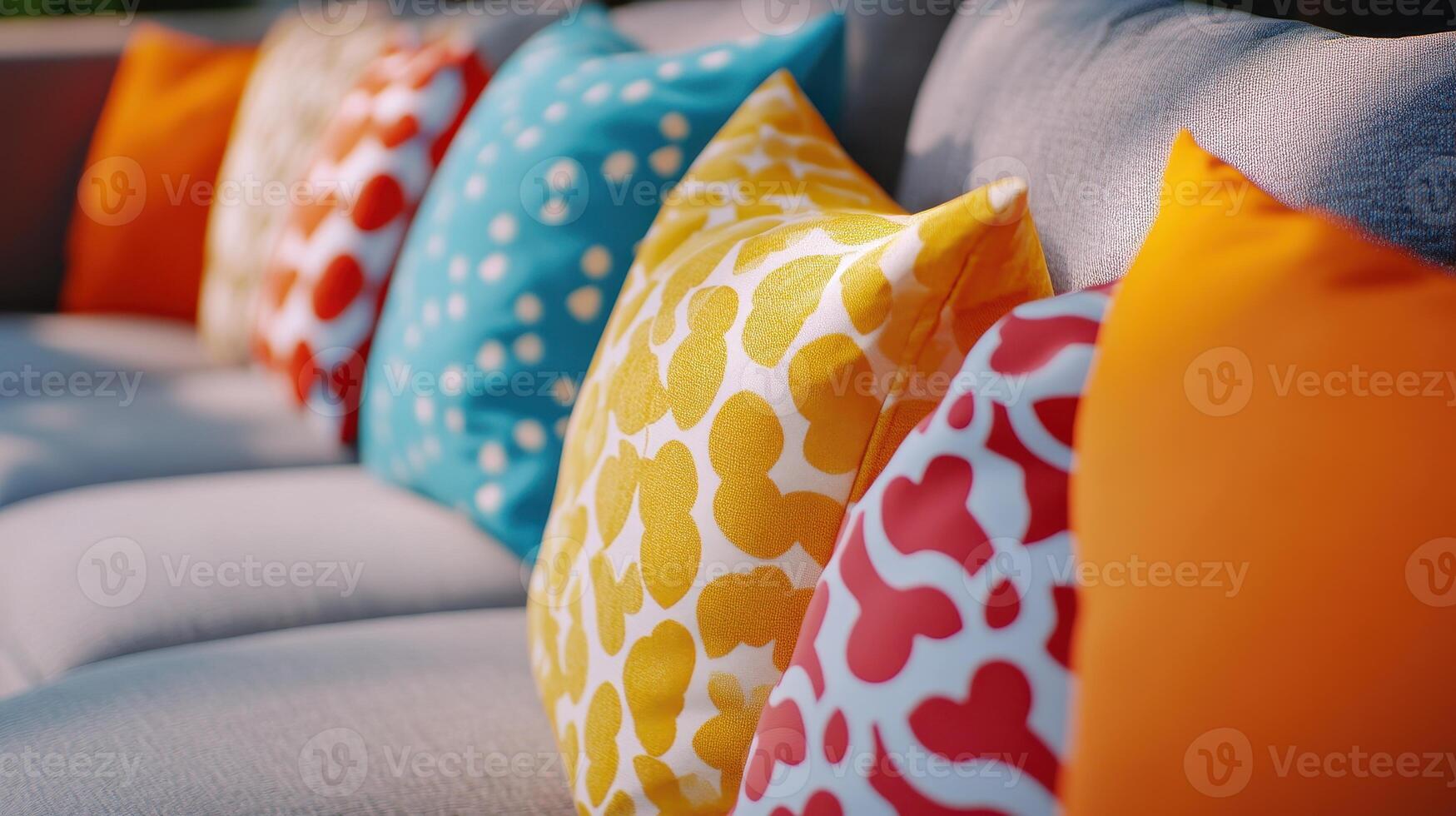 Colorful Decorative Pillows Arranged on a Cozy Outdoor Sofa in Bright Afternoon Sunshine photo