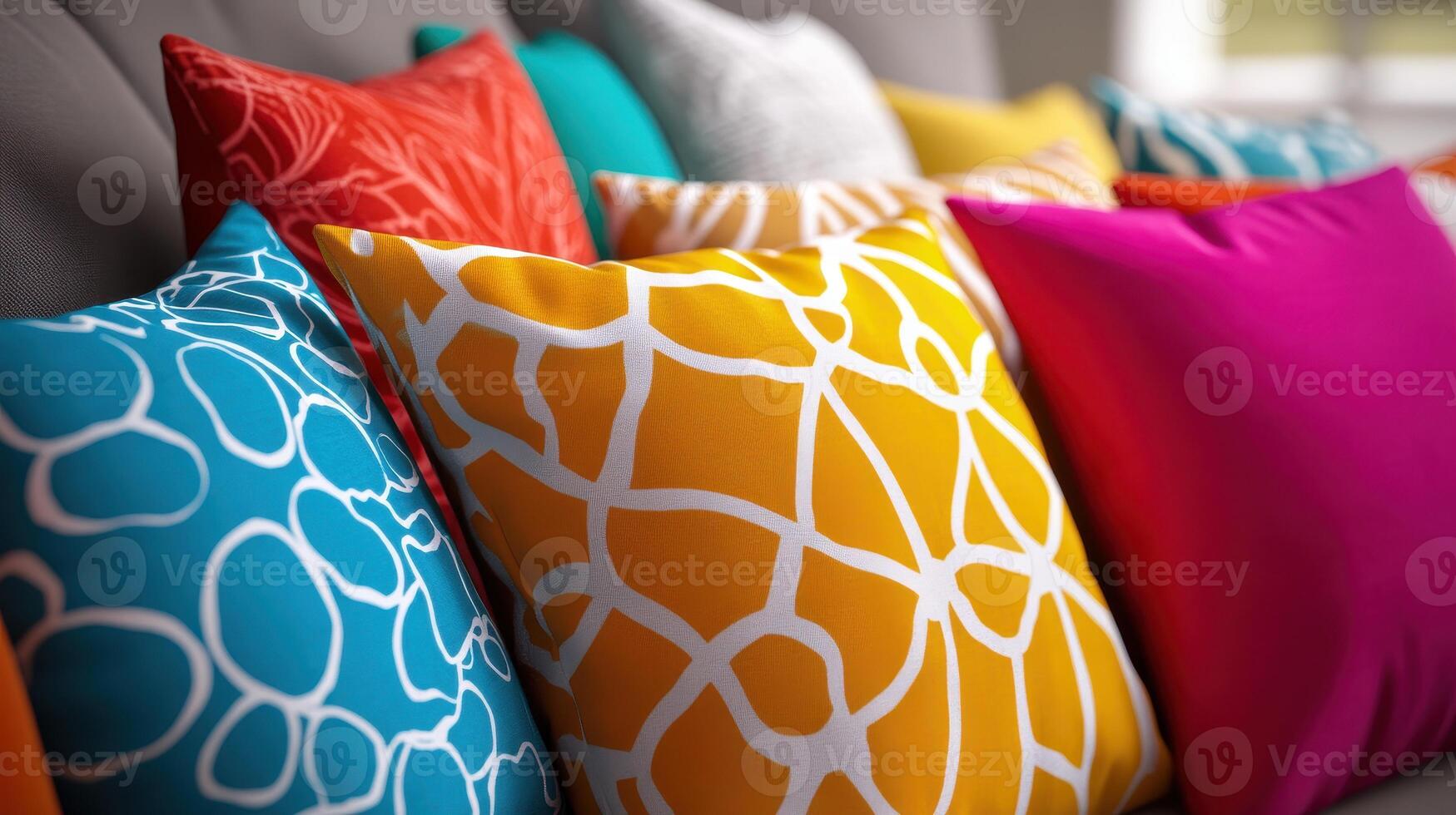 Colorful Decorative Cushions Arranged on a Couch in a Bright Living Room During Daylight Hours photo