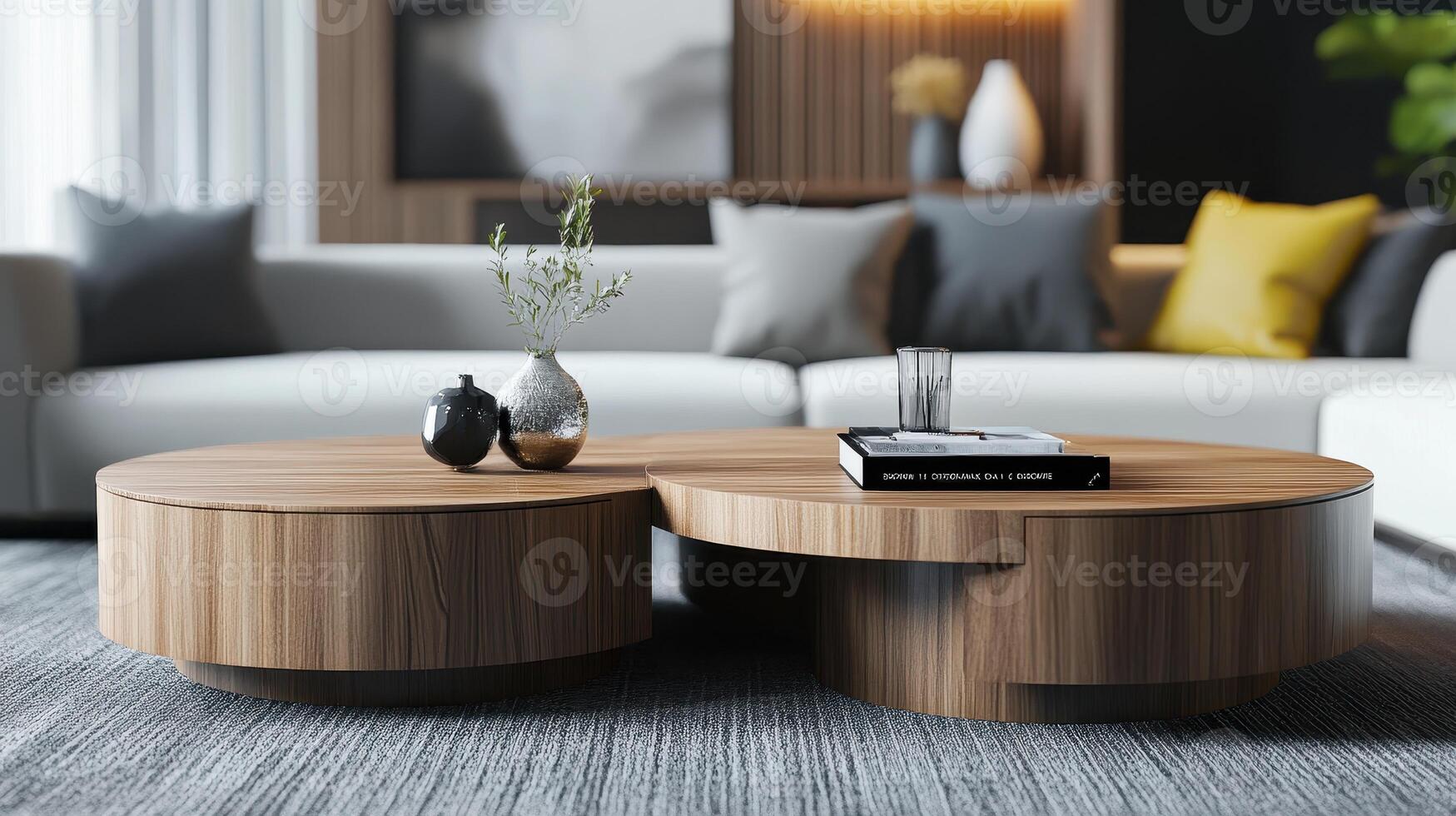 Stylish Living Room Interior Featuring Modern Wooden Coffee Table and Cozy Sofa in Bright Natural Light photo