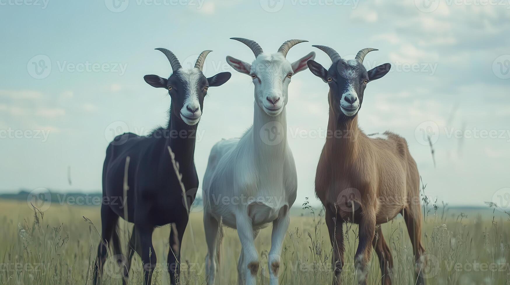 Three Playful Goats Grazing Together on a Vibrant Meadow Under a Clear Sky photo