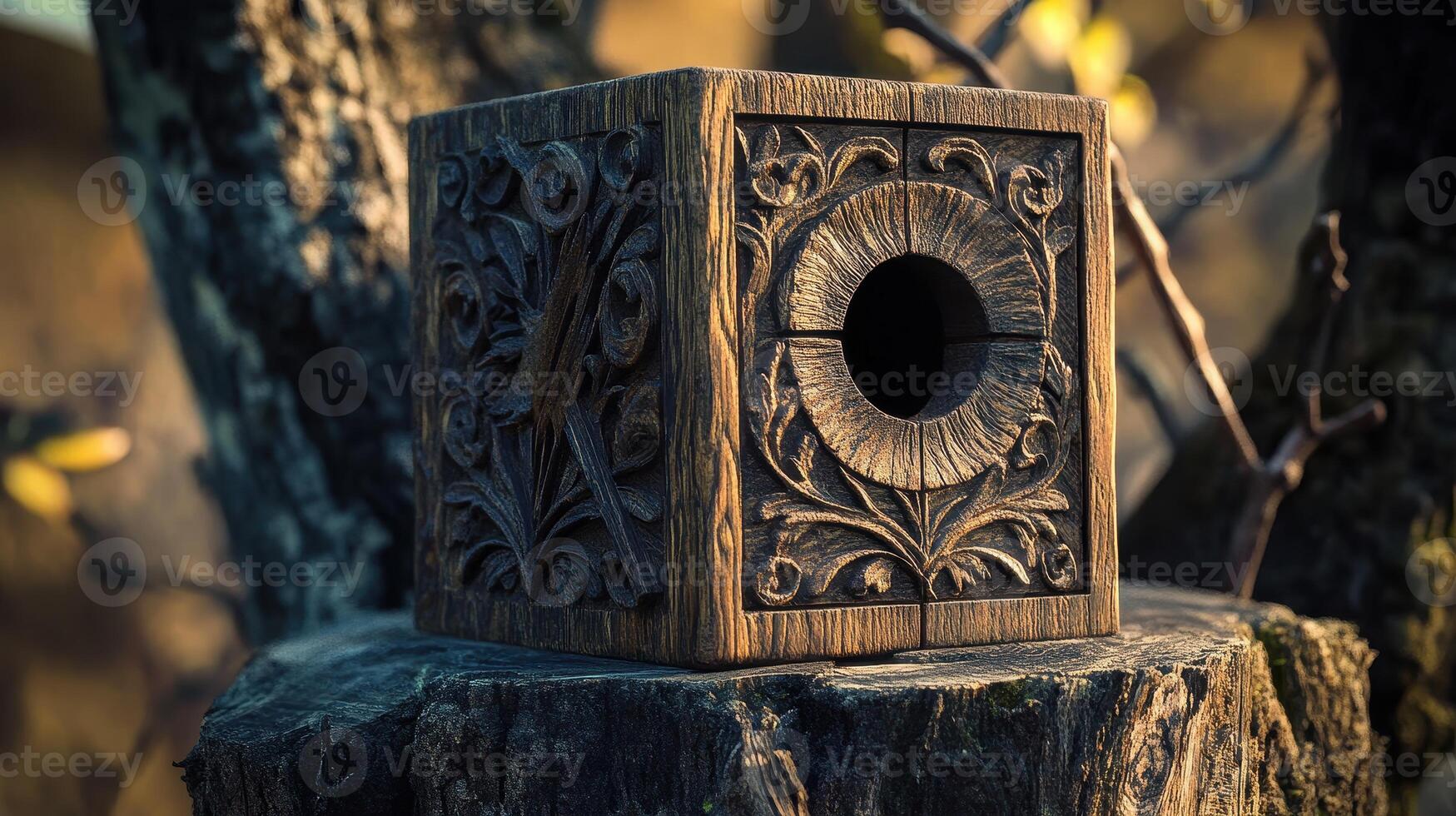Ornately Carved Wooden Box Displayed on a Stump Surrounded by Nature During Golden Hour photo