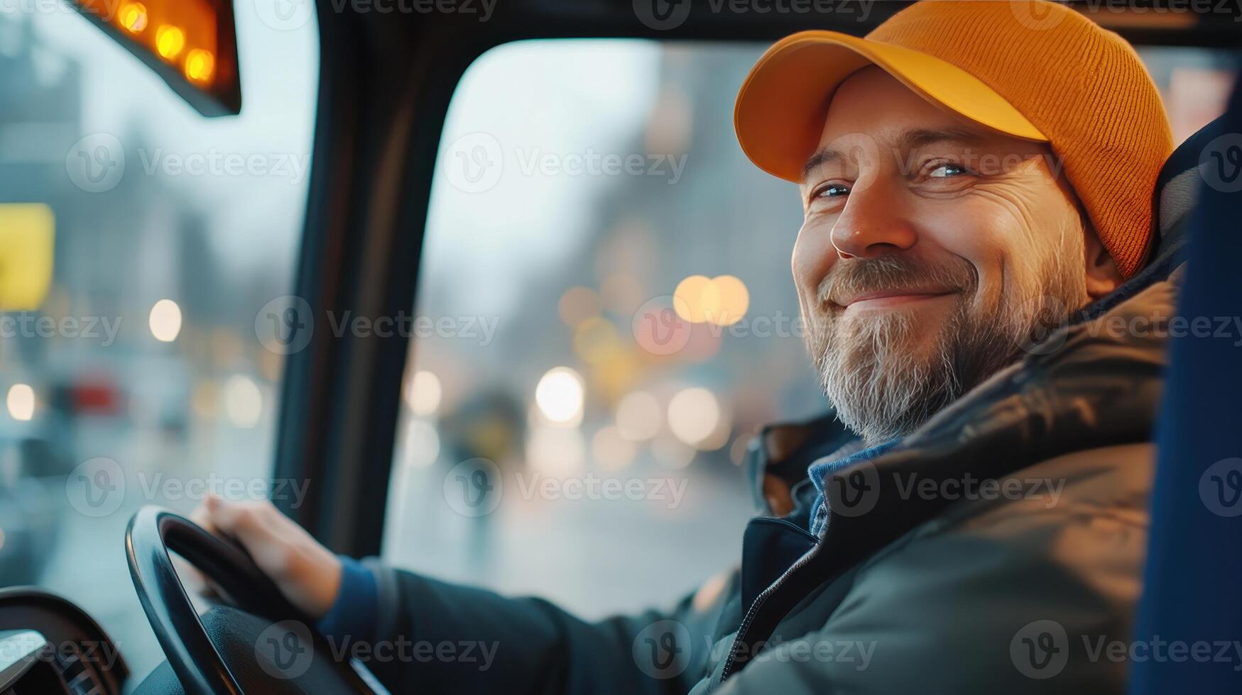Smiling Bus Driver in a City Environment on a Rainy Afternoon photo
