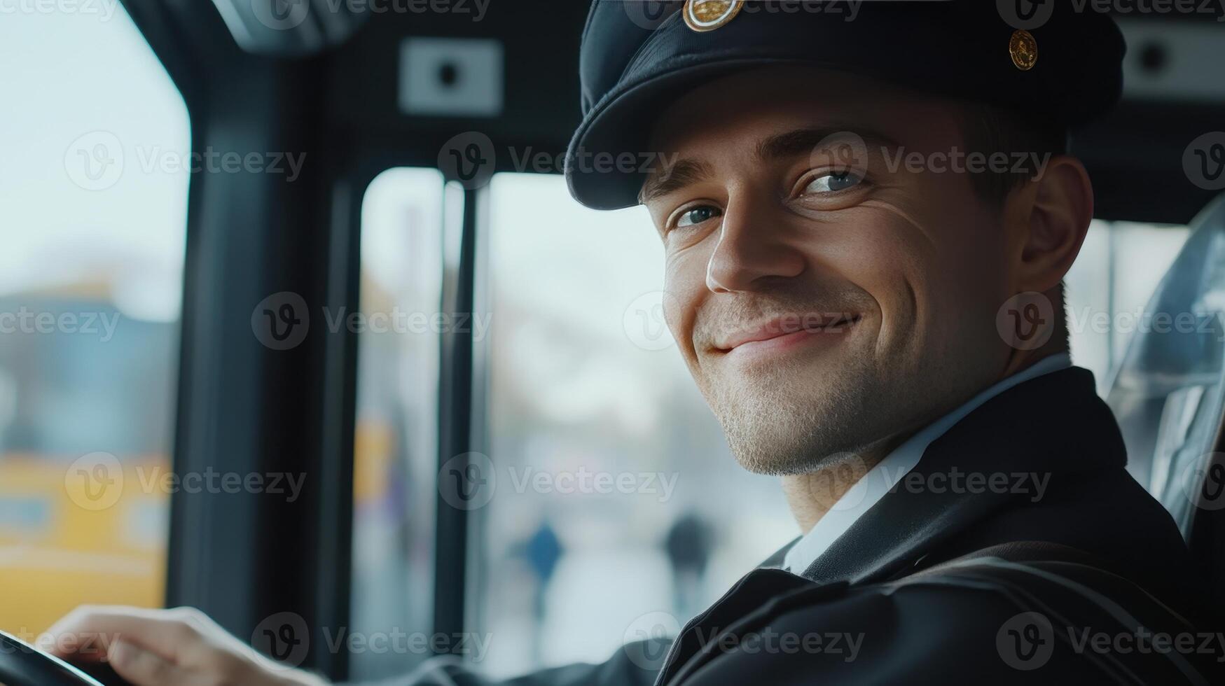 Young Bus Driver Smiling While Driving Through City Streets During Bright Daylight photo
