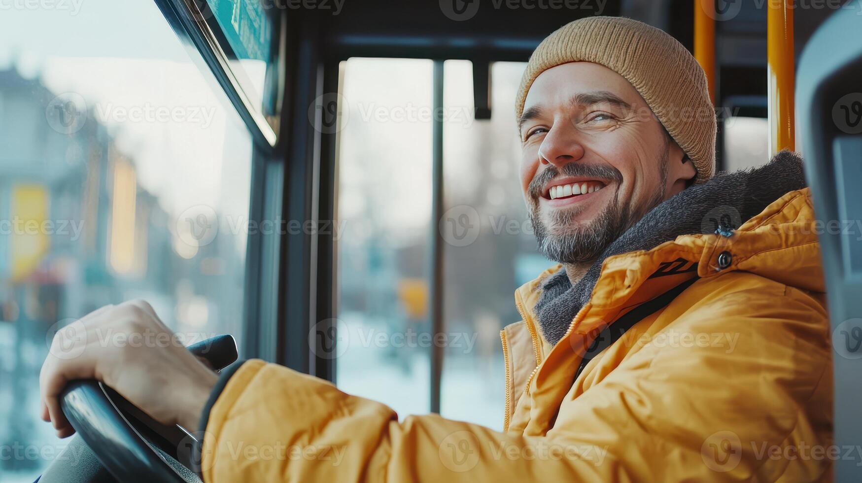 Smiling Bus Driver in Warm Jacket Driving Through Snowy City Streets During Winter Morning photo