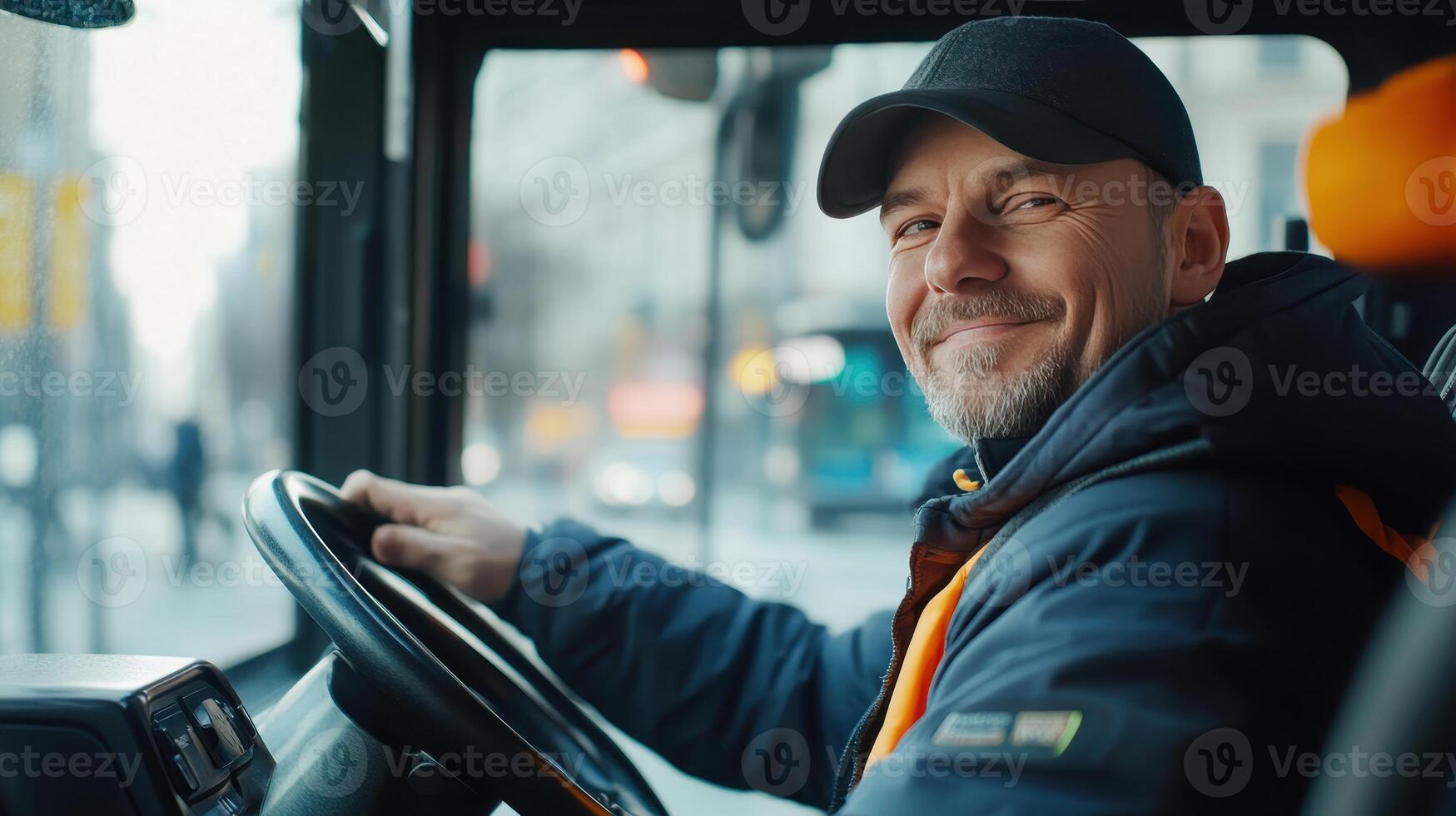 Smiling Bus Driver Wearing Cap Seated Inside Bus on City Street in Daylight photo
