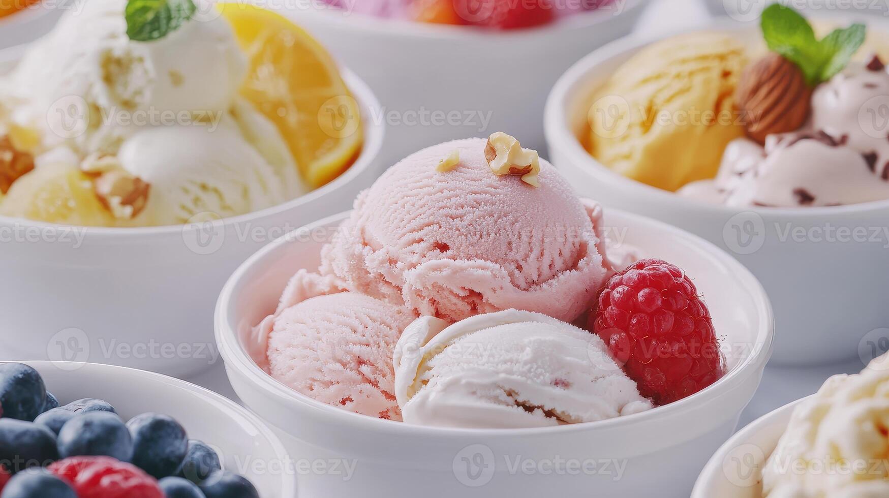 Colorful Variety Of Ice Cream Served In Bowls At A Summer Gathering With Fresh Fruits photo