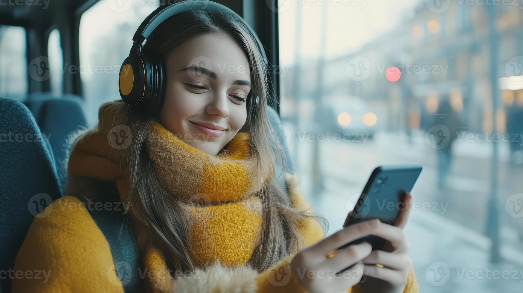 Young Woman Enjoying Music on a Bus While Snow Falls Outside in a Winter City photo