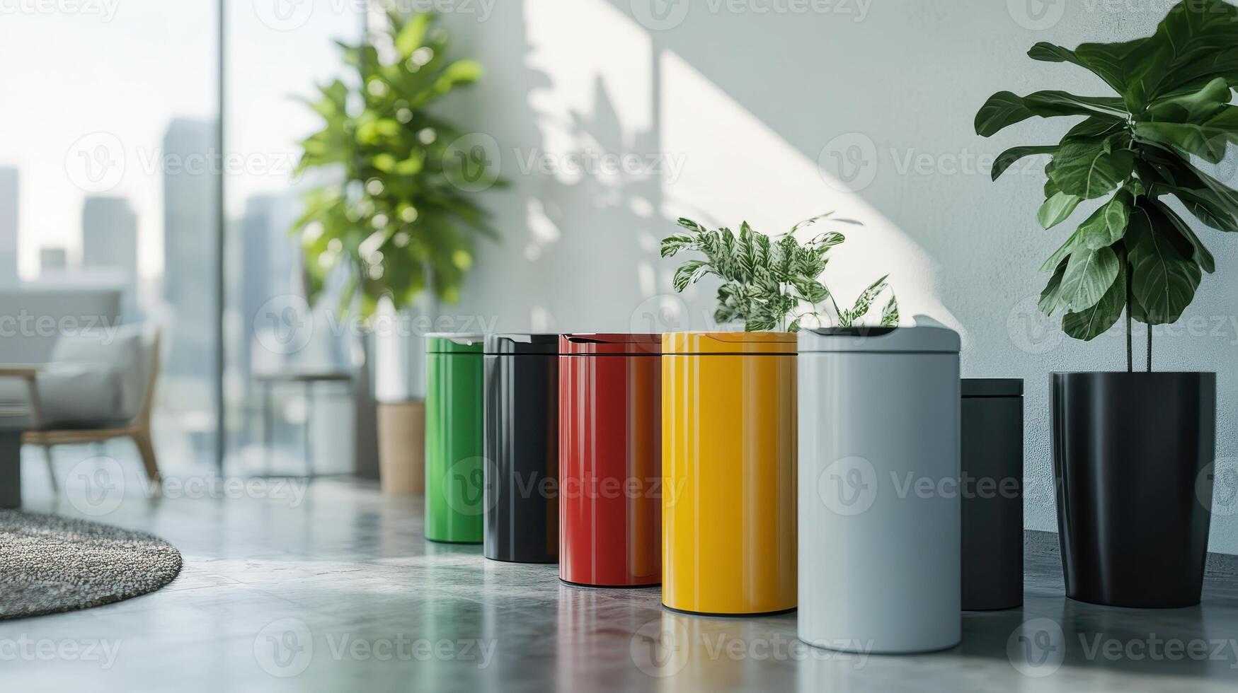 Modern Interior With Colorful Trash Bins and Indoor Plants Near Large Windows in a Cityscape photo
