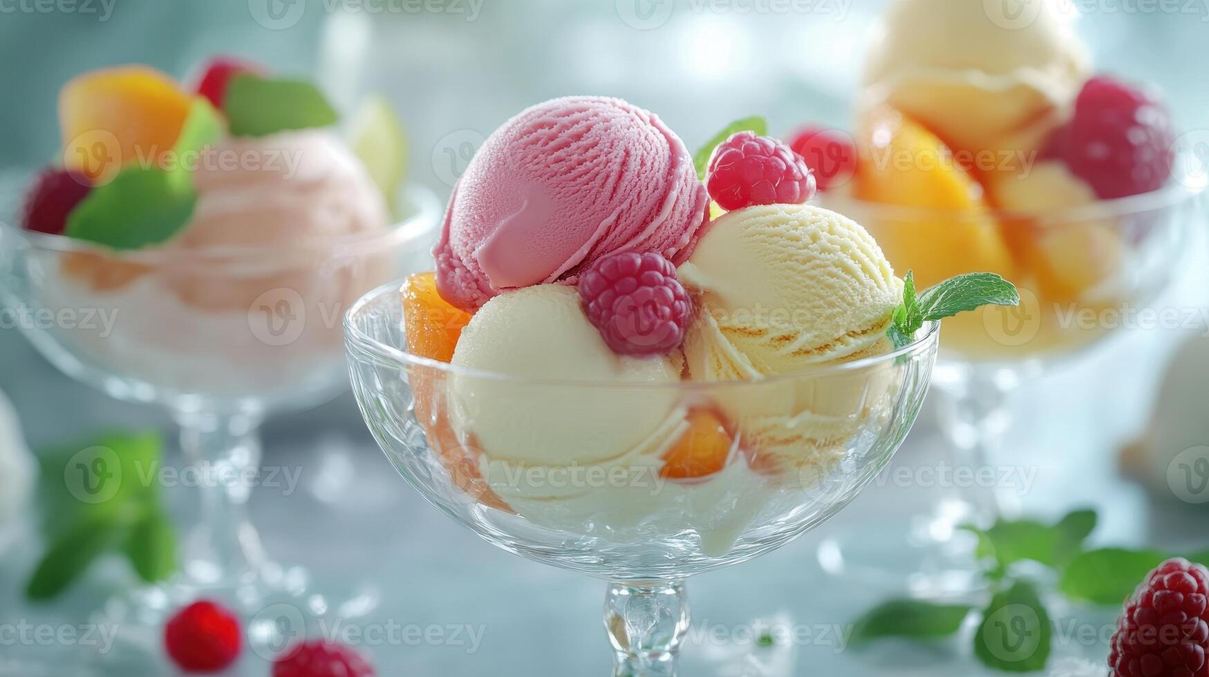 Colorful Ice Cream Cups With Fresh Berries and Mint on a Clear Summer Day photo