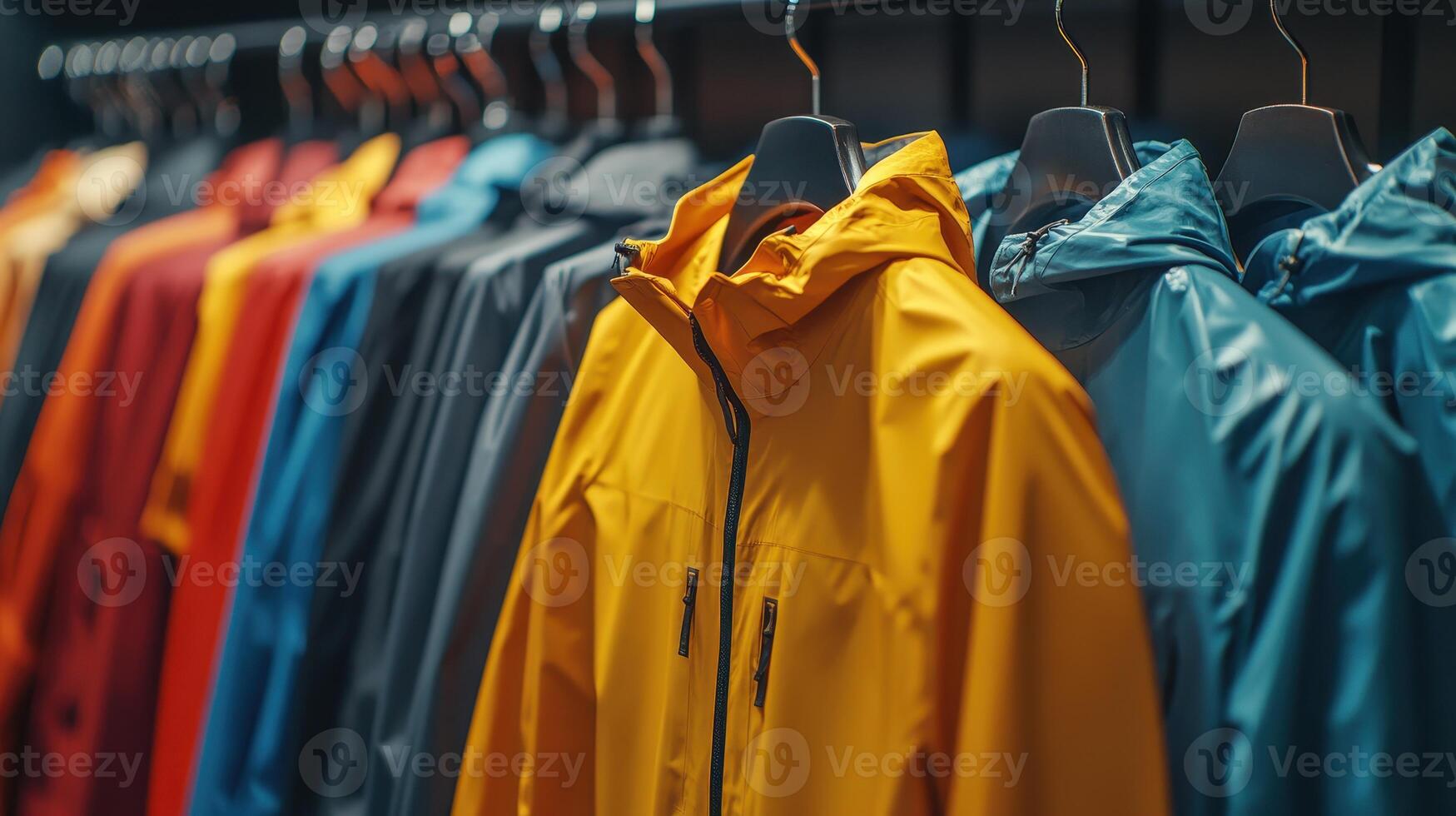 Colorful Outdoor Jackets Displayed in a Clothing Store Showcase During Early Evening Shopping Hours photo