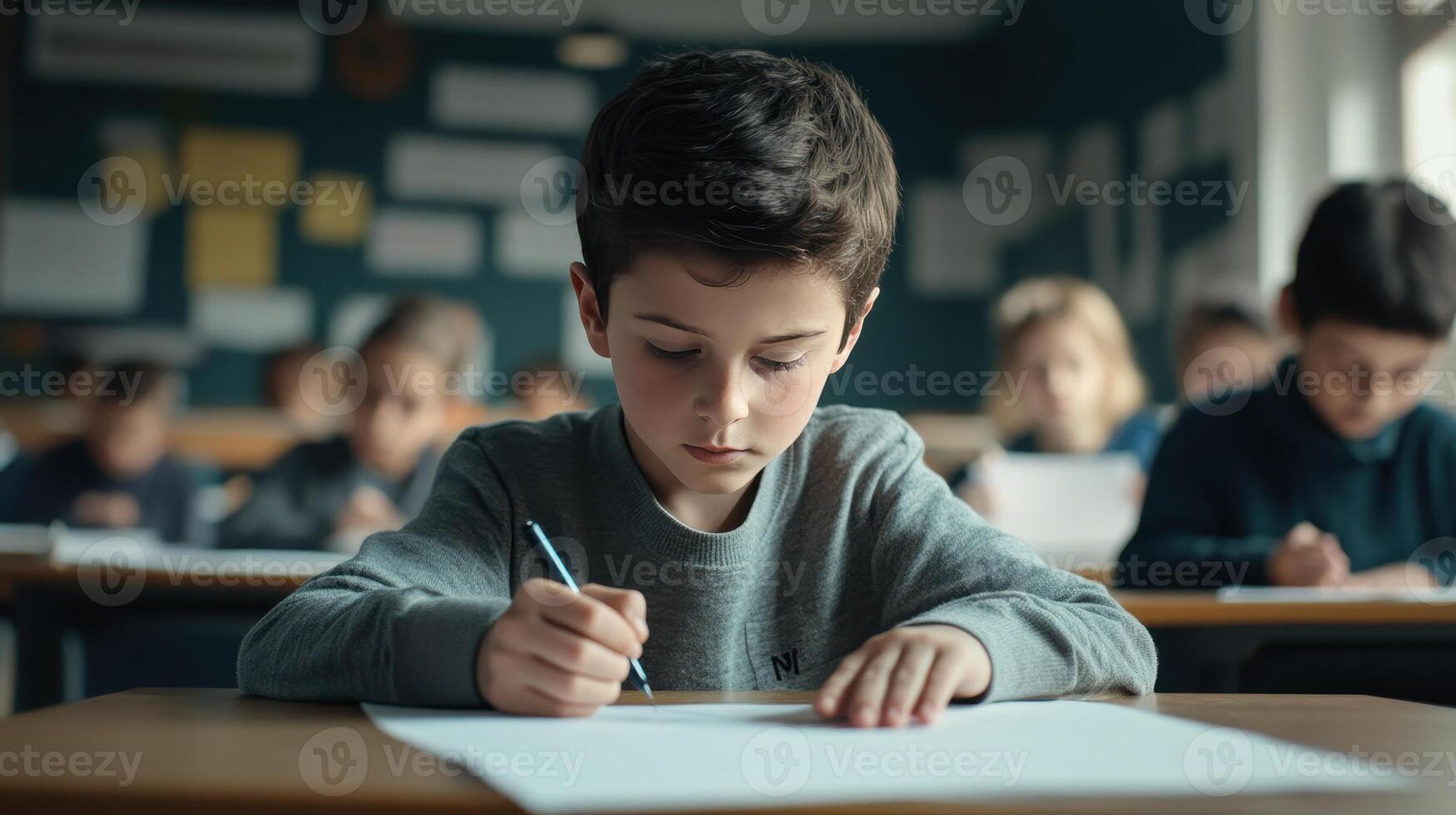 Young Student Concentrating on Test in Classroom During Morning Hours at Local School photo