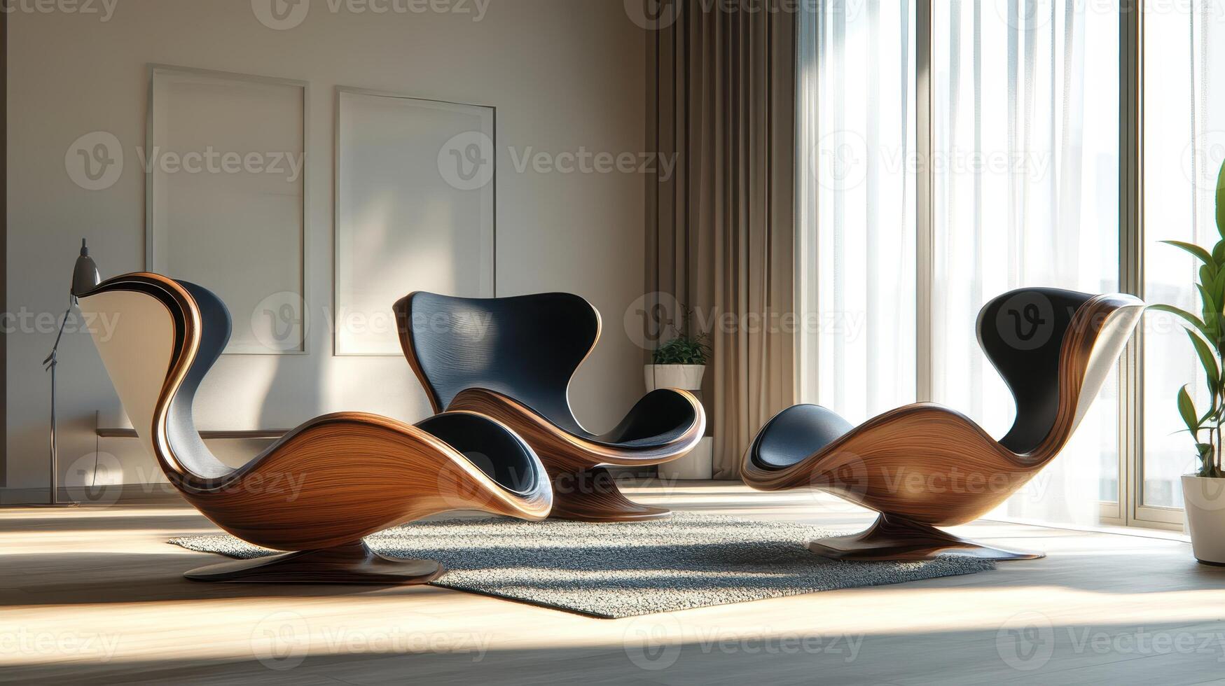 Stylish Modern Wooden Lounge Chairs in Brightly Lit Cozy Living Room photo
