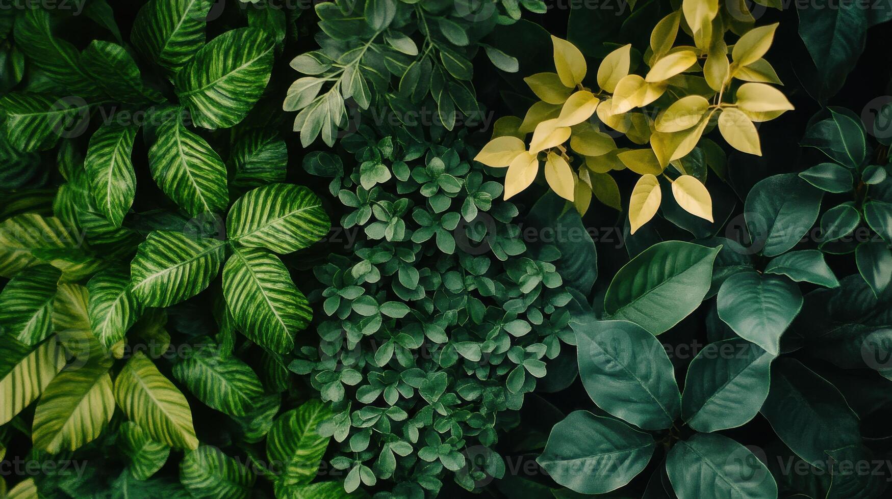 Lush Green Foliage Displaying Various Leaf Shapes and Colors in a Natural Arrangement photo