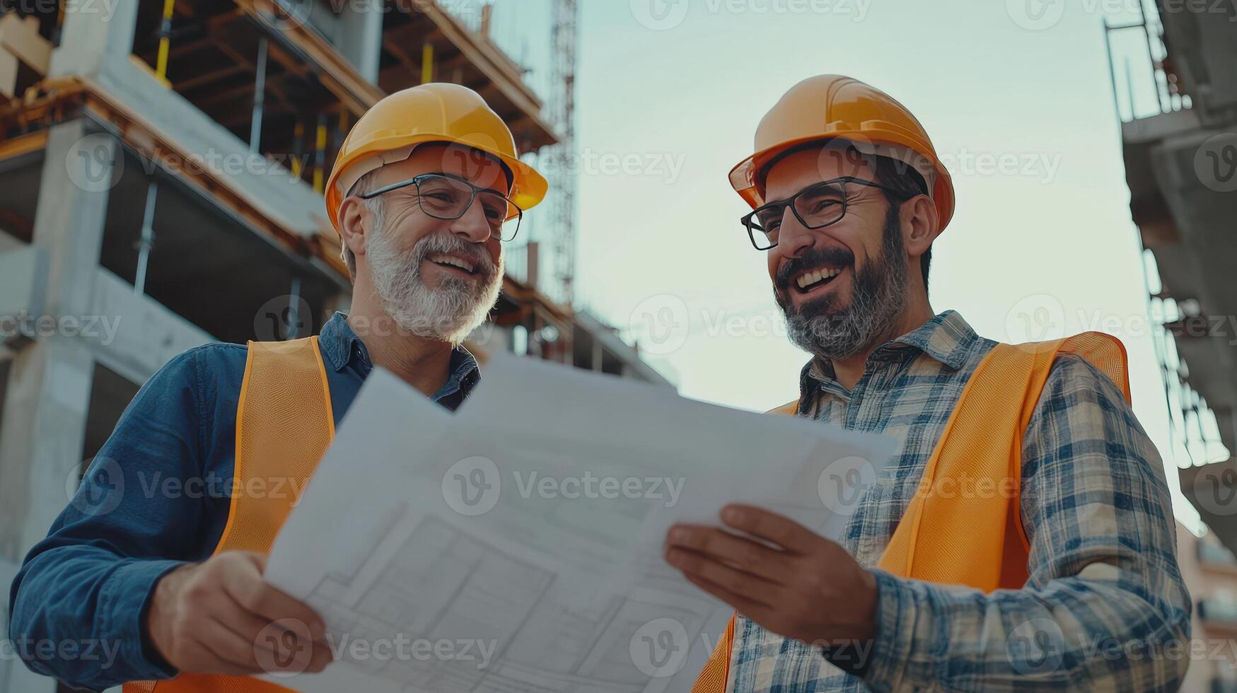 Two Construction Workers Reviewing Blueprints at a Job Site During Late Afternoon photo