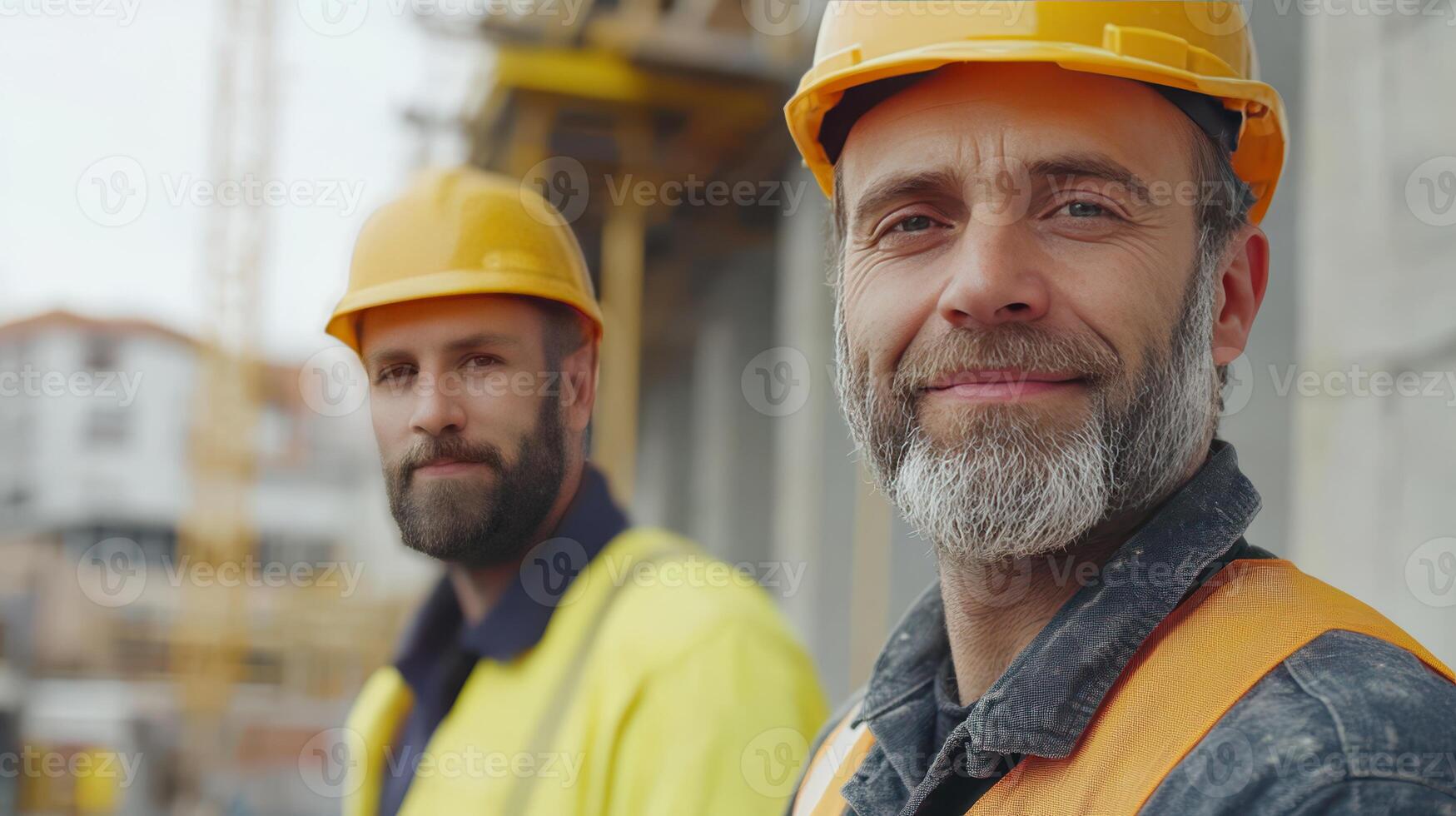 Constructing A Modern Building With Skilled Workers In Hard Hats At A Sunny Construction Site photo