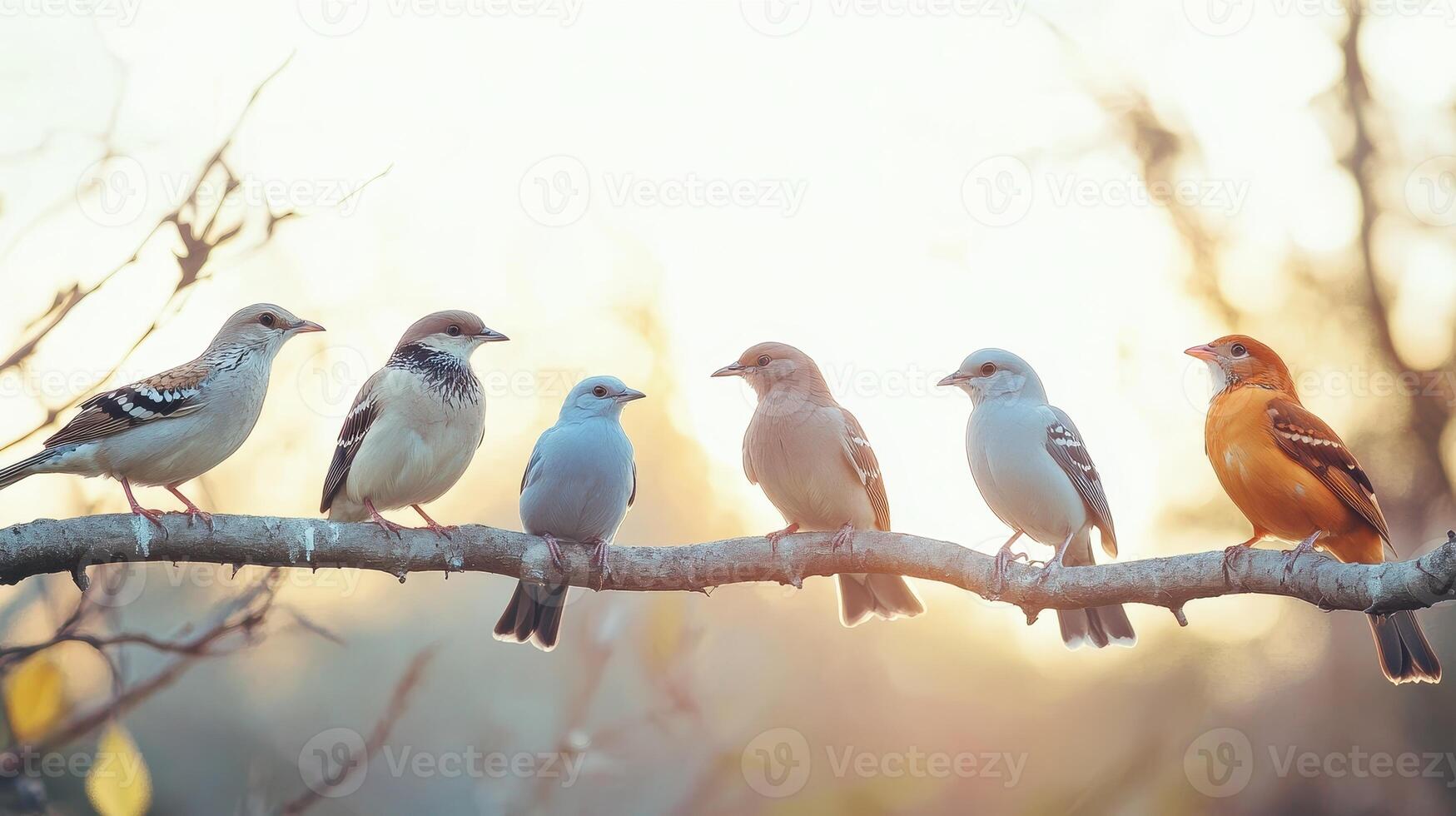 Colorful Birds Perched on a Branch Against a Soft Sunrise Background in Nature photo