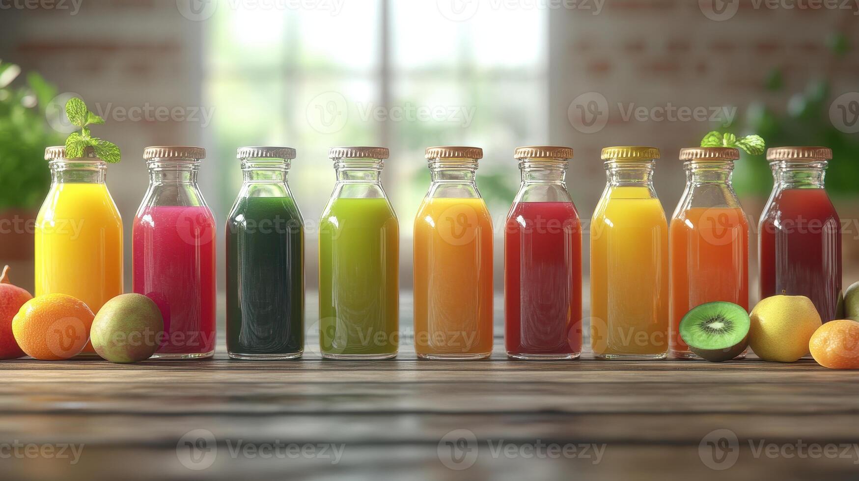 Assorted Fresh Juices in Glass Bottles on Wooden Table Surrounded by Fruits in a Well-Lit Kitchen photo