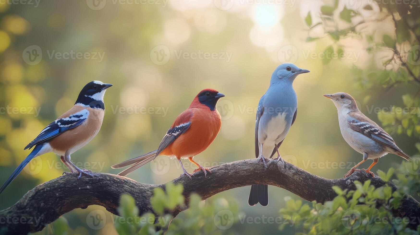 Four Colorful Birds Perched on a Branch in a Lush Green Forest at Sunrise photo