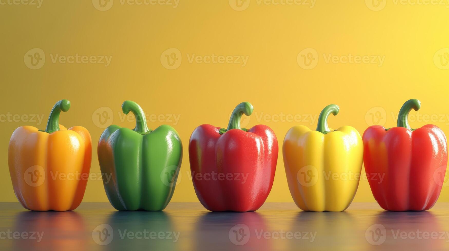 Colorful Bell Peppers Arranged in a Row Against a Bright Yellow Background photo