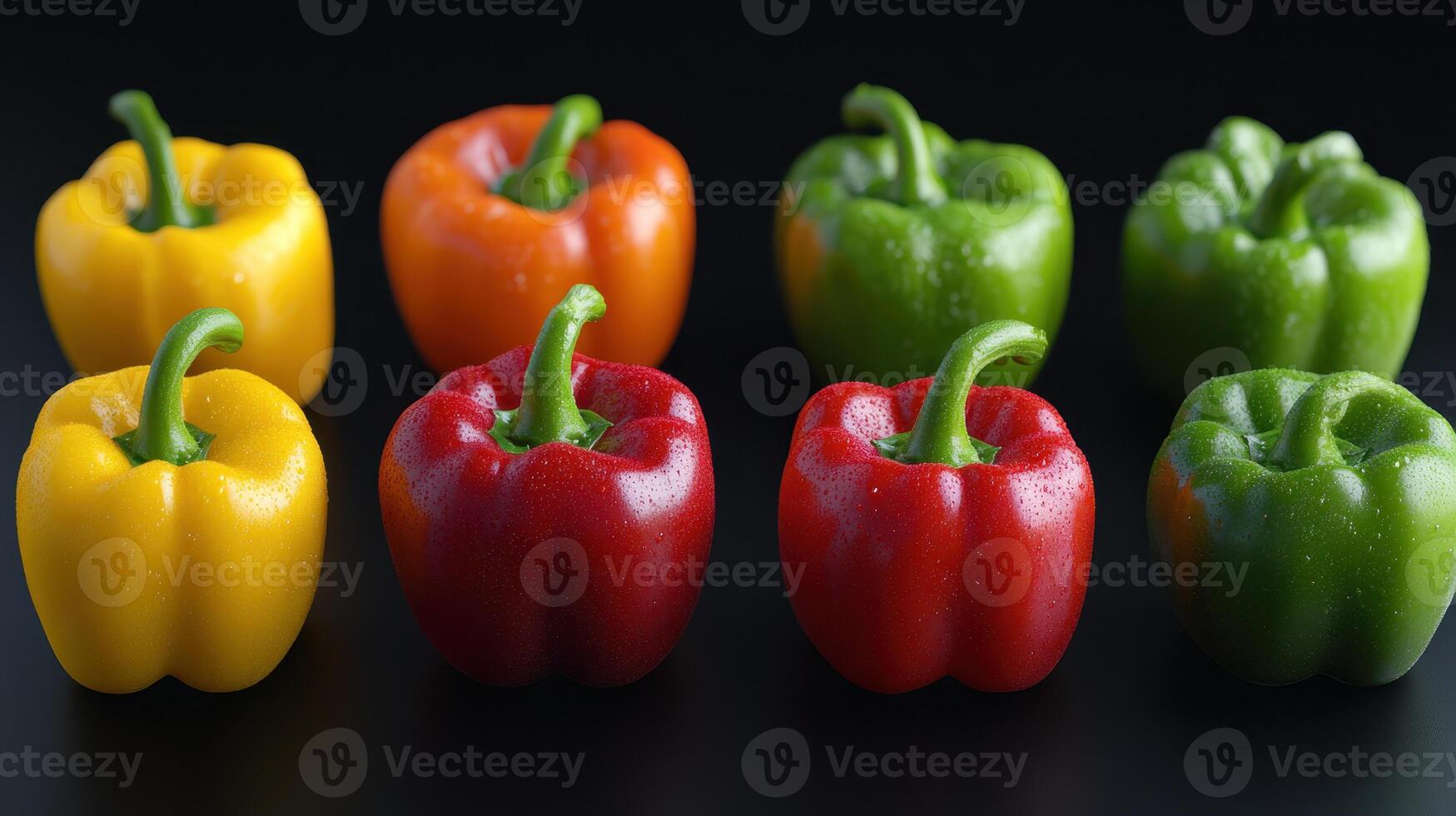 Colorful Bell Peppers Arranged Symmetrically on a Dark Surface Showcasing Fresh Produce Variety photo