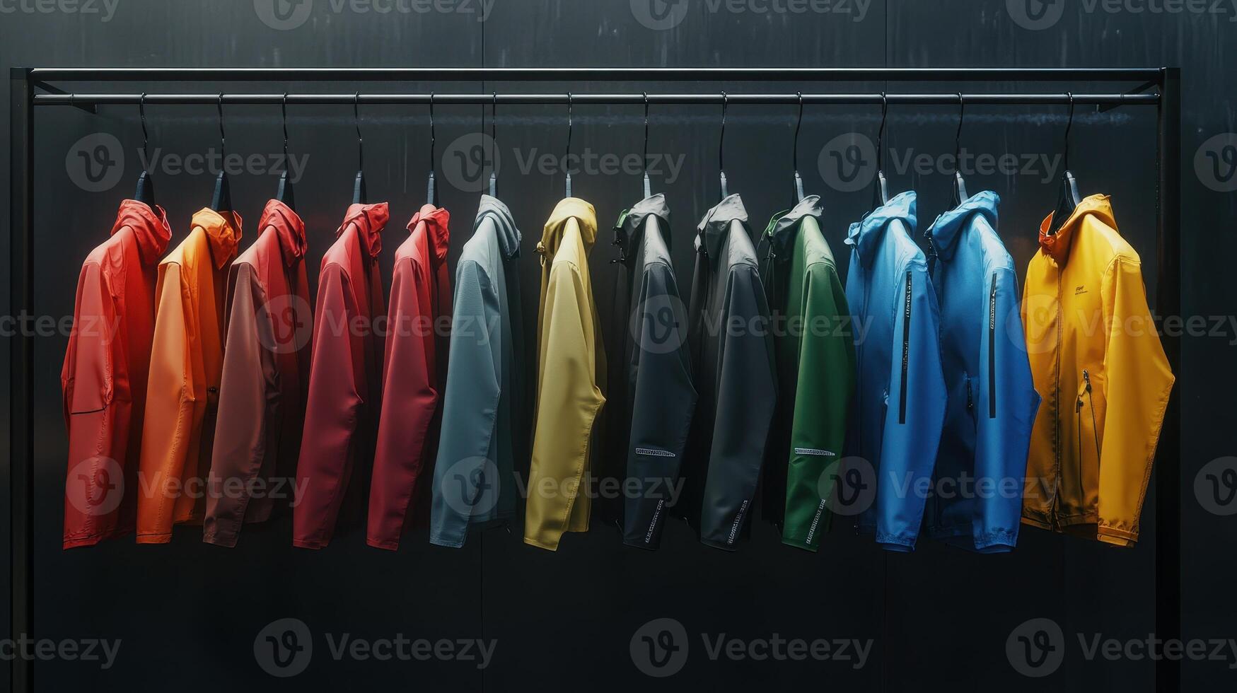 Colorful Array of Stylish Jackets Displayed on Hangers in a Modern Boutique During the Day photo