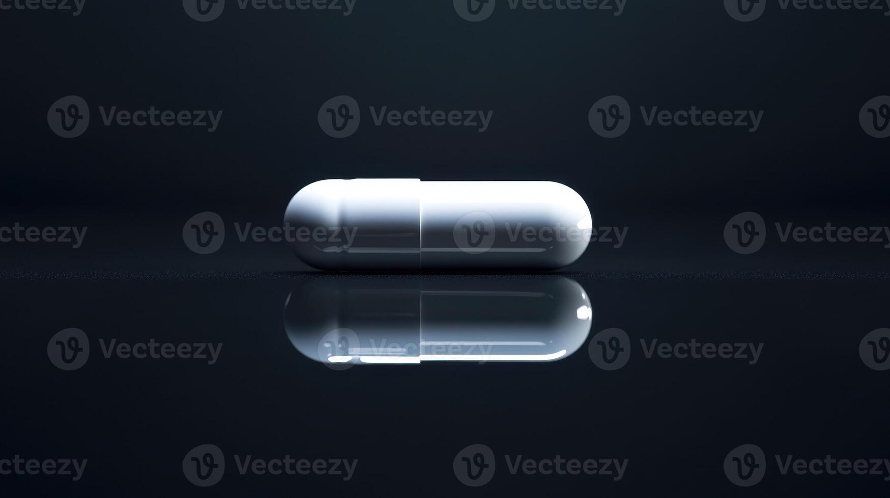Close-Up of a Single White Capsule on a Reflective Surface With Dark Background at Studio Setting photo