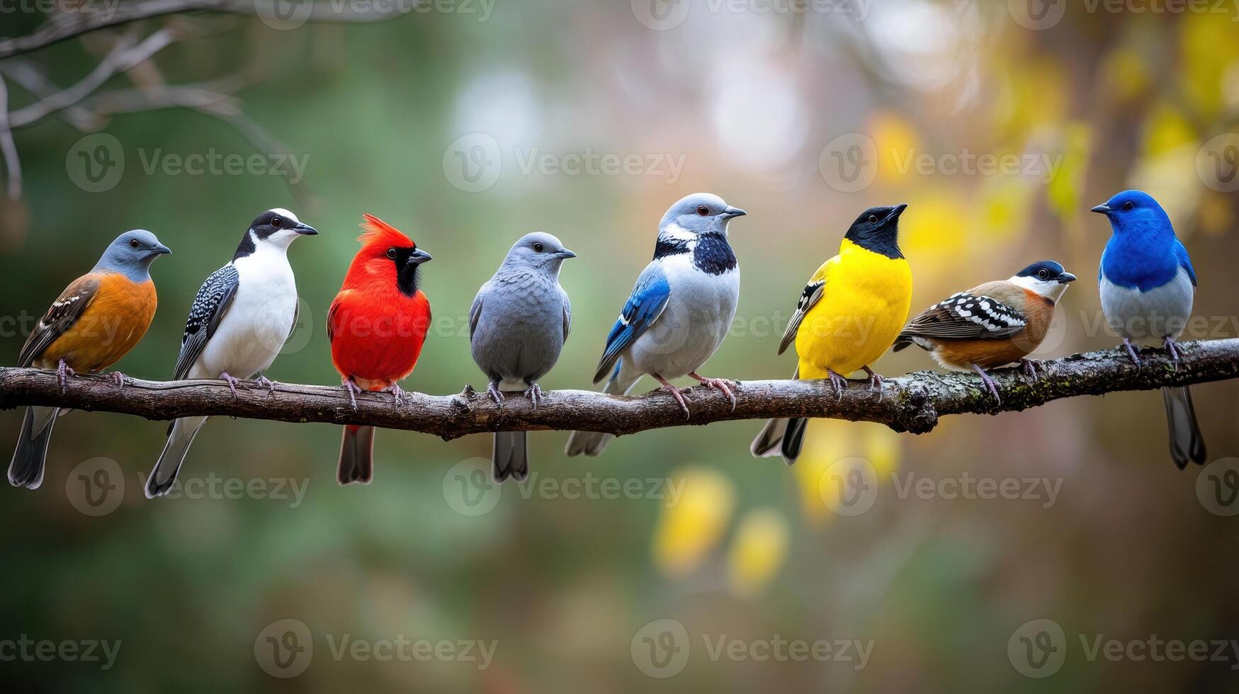 A Colorful Assembly of Birds Perched on a Branch in Autumn Forest photo